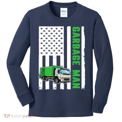Garbage Man US Flag Garbage Truck Kids Long Sleeve Shirt