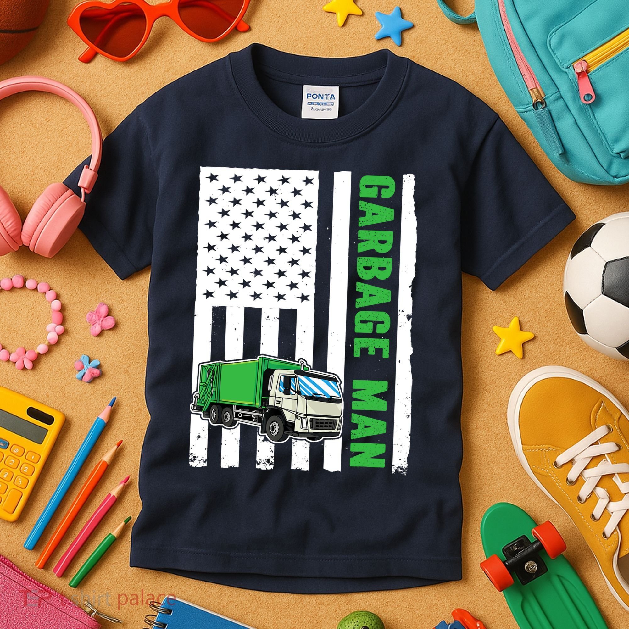 Garbage Man US Flag Garbage Truck Kids T-Shirt
