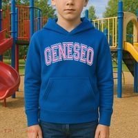 Geneseo Ny New York Varsity Style Pink Text Meaningful Gift Kids Hoodie thumb 2