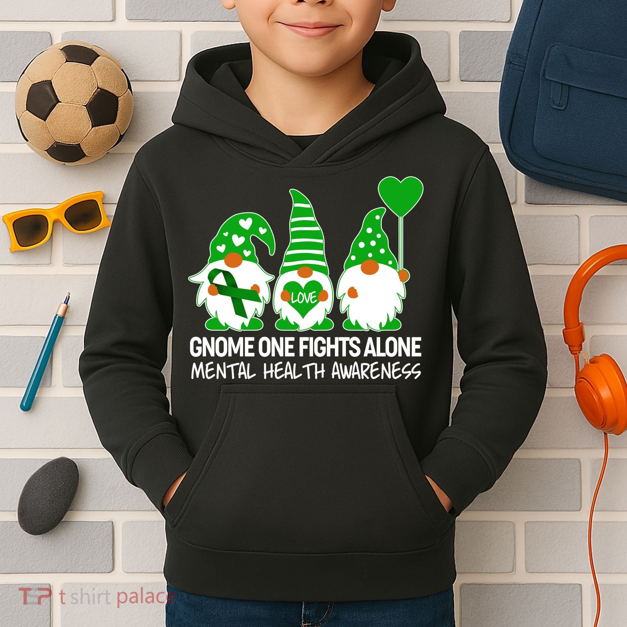 Gnome One Fights Alone Mental Health Awareness Kids Hoodie
