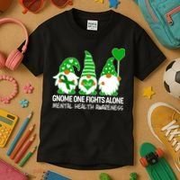 Gnome One Fights Alone Mental Health Awareness Kids T-Shirt thumb 3