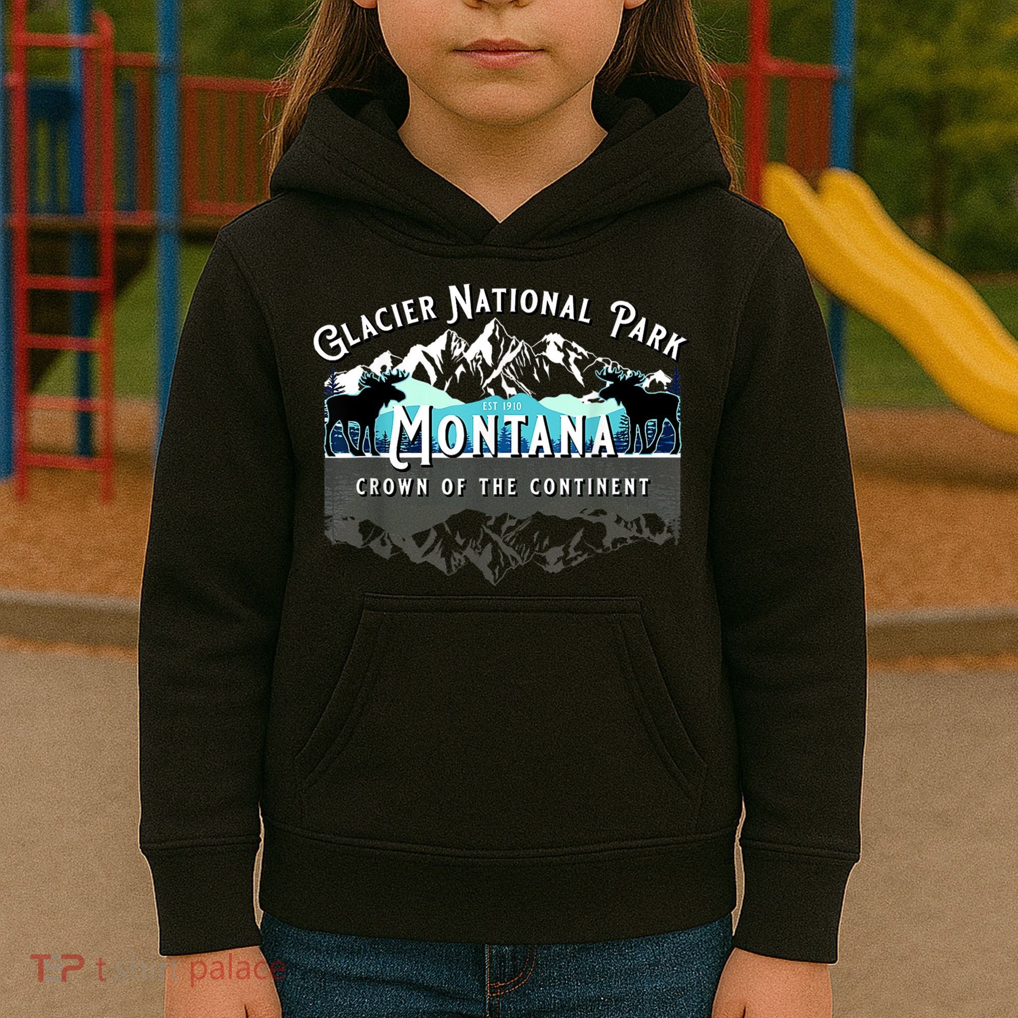 Glacier National Park Montana Moose Hiking Camping Souvenir Kids Hoodie
