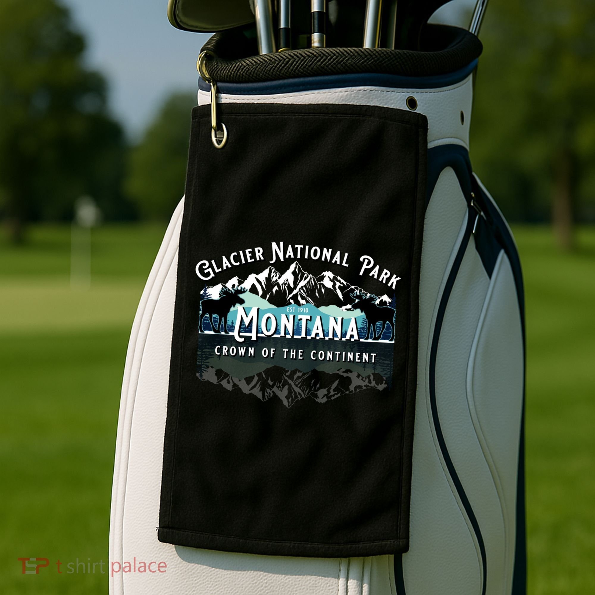 Glacier National Park Montana Hiking Moose Camping Souvenir Gift Golf Towel
