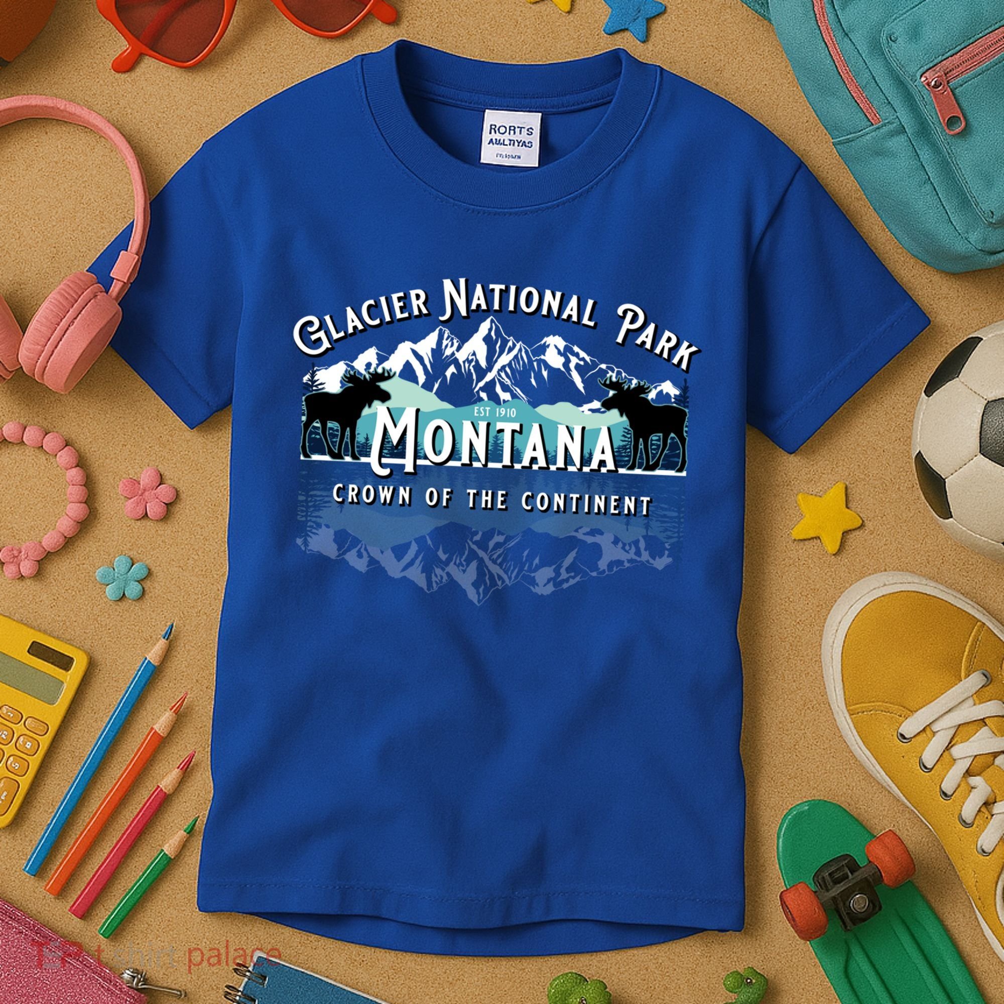 Glacier National Park Montana Hiking Moose Camping Souvenir Gift Kids T-Shirt