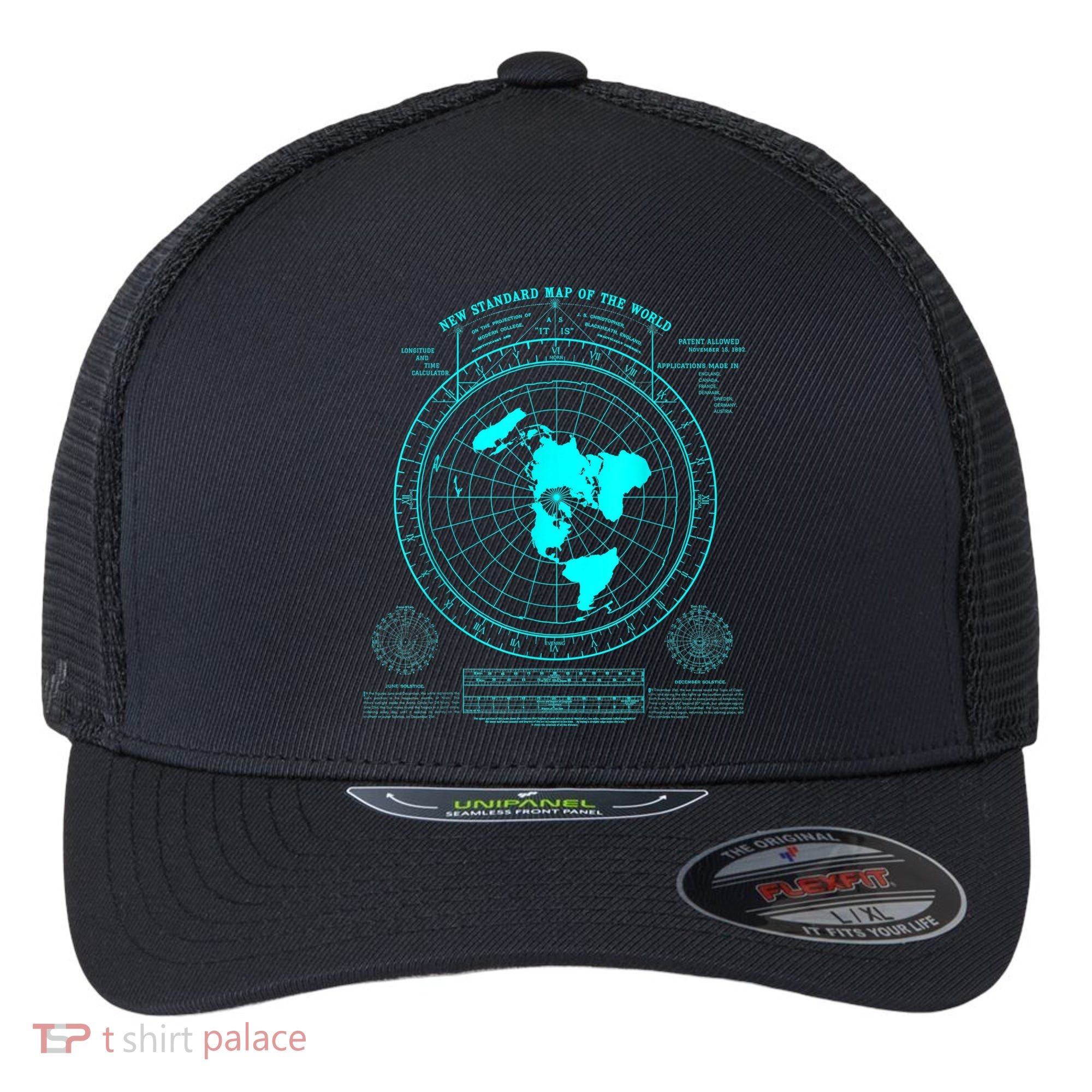 Gleasons New Standard Map Of The World Flat Earth Flexfit Unipanel Trucker Cap