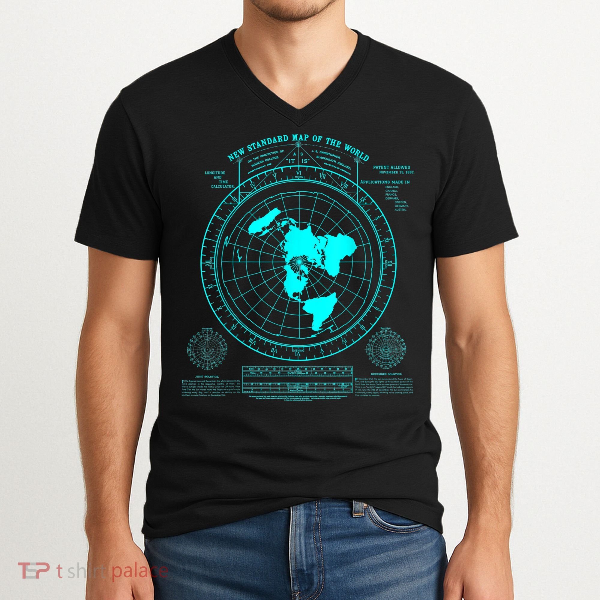 Gleasons New Standard Map Of The World Flat Earth V-Neck T-Shirt
