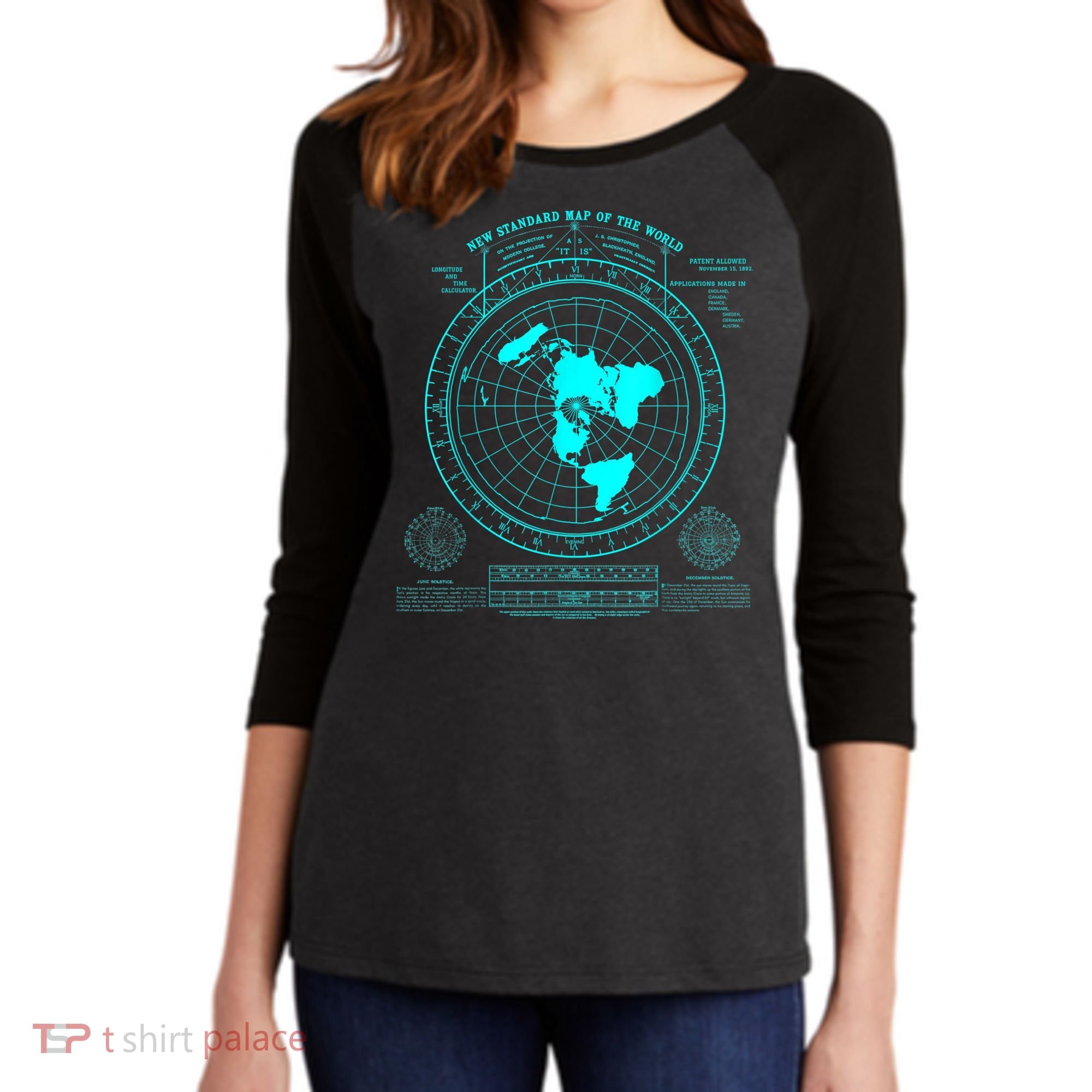 Gleasons New Standard Map Of The World Flat Earth Women's Tri-Blend 3/4-Sleeve Raglan Shirt