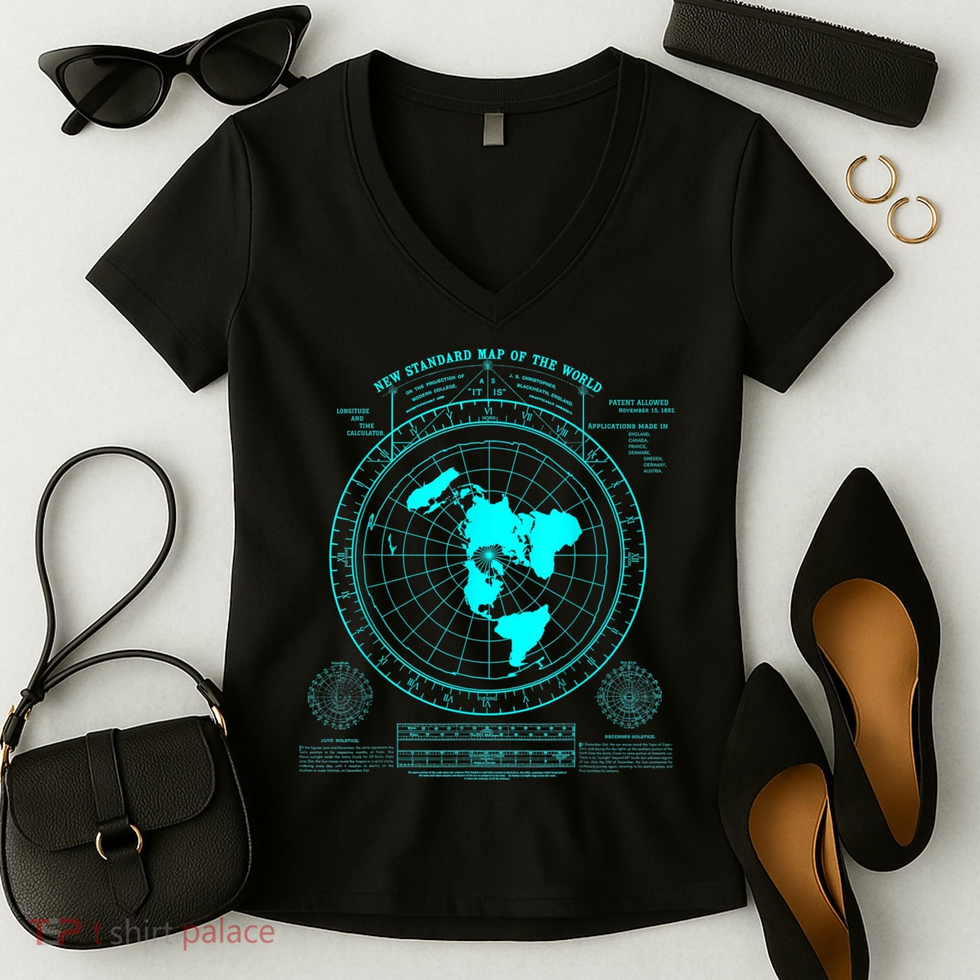 Gleasons New Standard Map Of The World Flat Earth Women's V-Neck T-Shirt