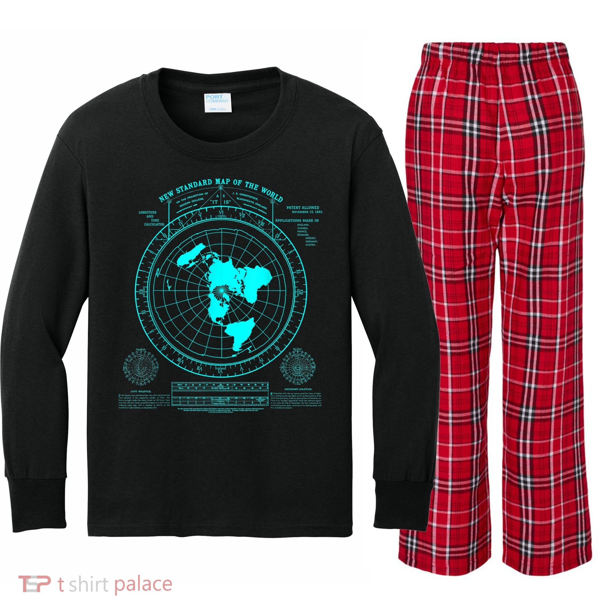Gleasons New Standard Map Of The World Flat Earth Kids Long Sleeve Plaid Pajama Set
