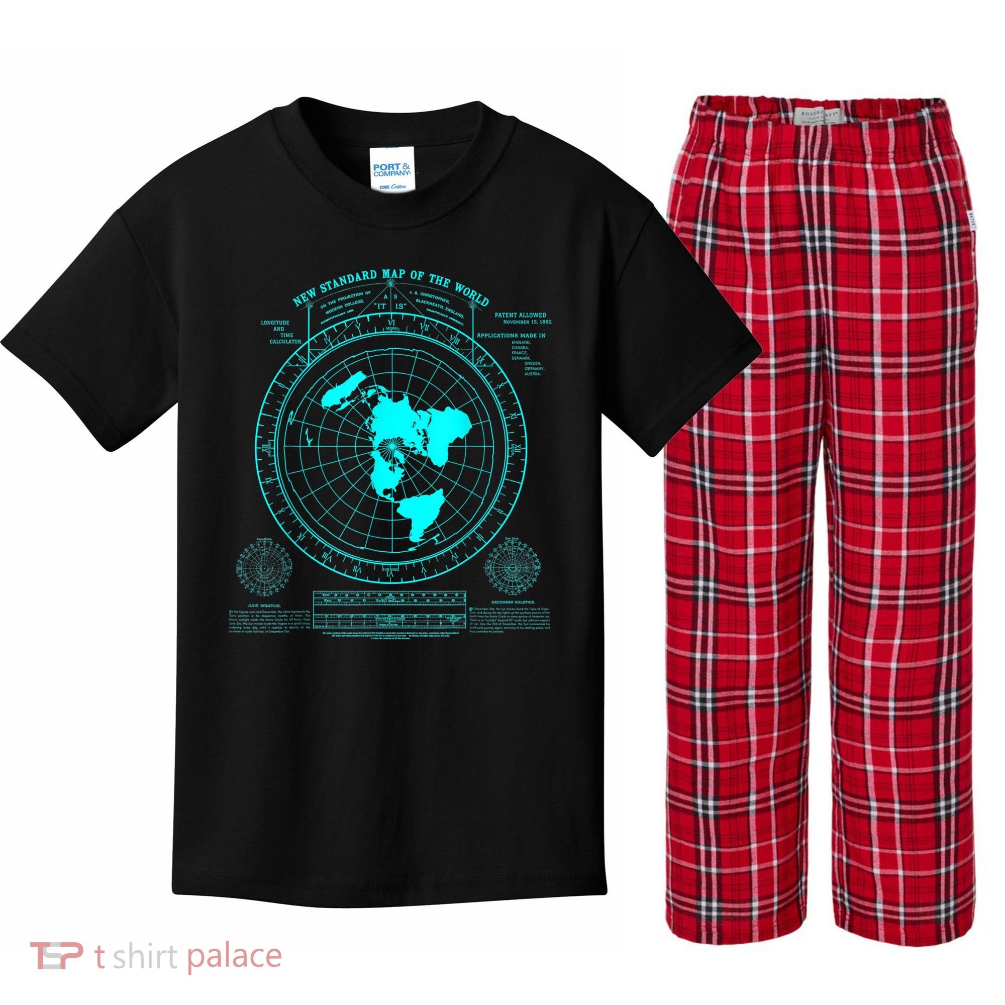 Gleasons New Standard Map Of The World Flat Earth Kids Plaid Pajama Set