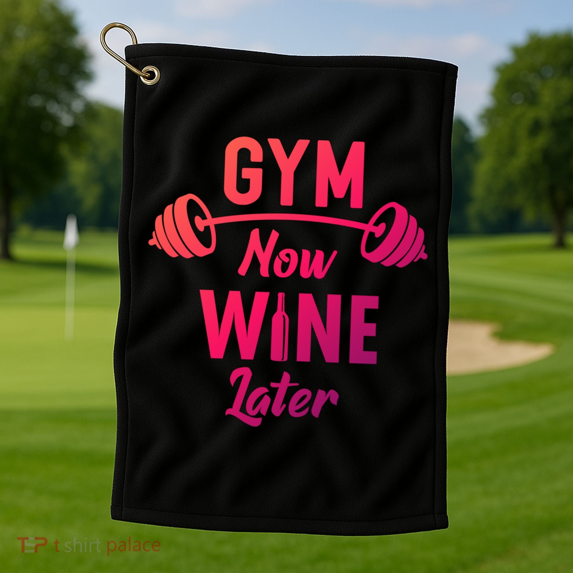 Gym Now Wine Later Funny Workout Weightlifting Barbell Cool Gift Golf Towel