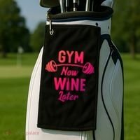 Gym Now Wine Later Funny Workout Weightlifting Barbell Cool Gift Golf Towel thumb 2