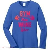 Gym Now Wine Later Funny Workout Weightlifting Barbell Cool Gift Women's Long Sleeve Shirt thumb 0