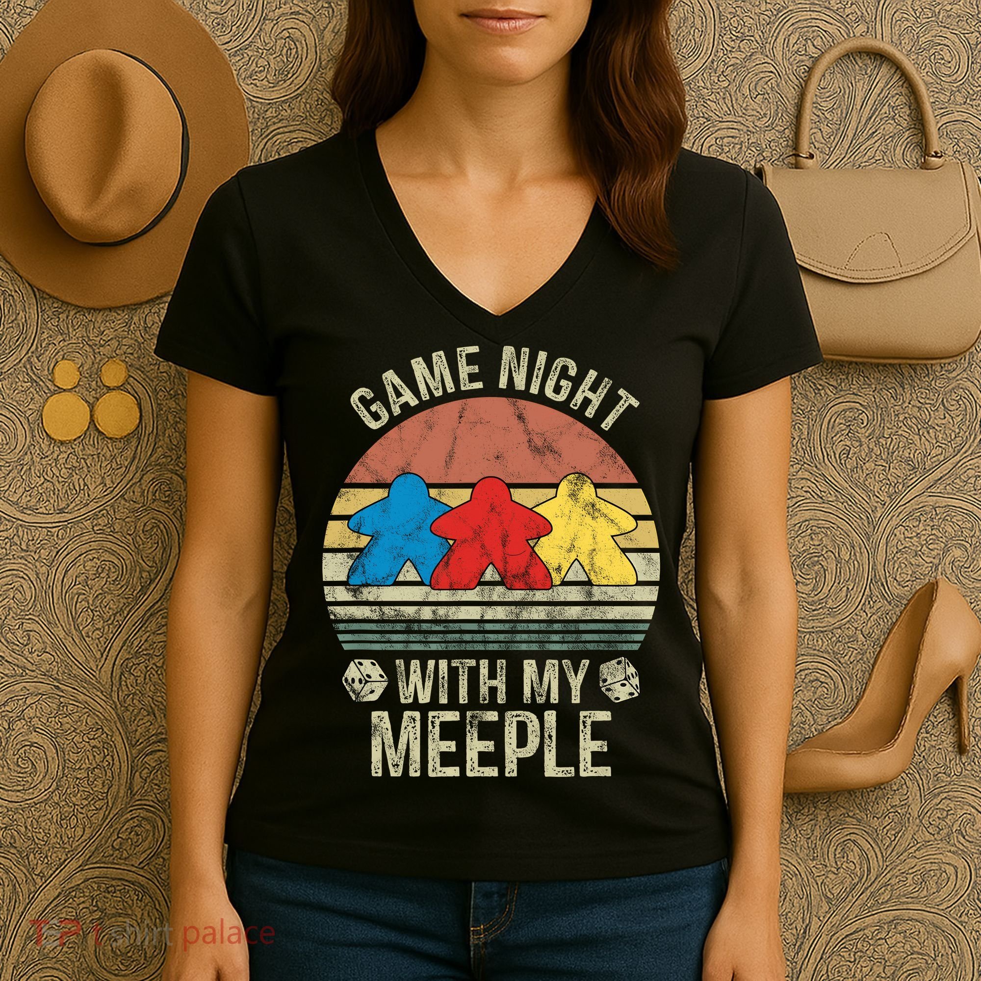 Game Night With My Meeple Board Games Tabletop Boardgamers Women's V-Neck T-Shirt