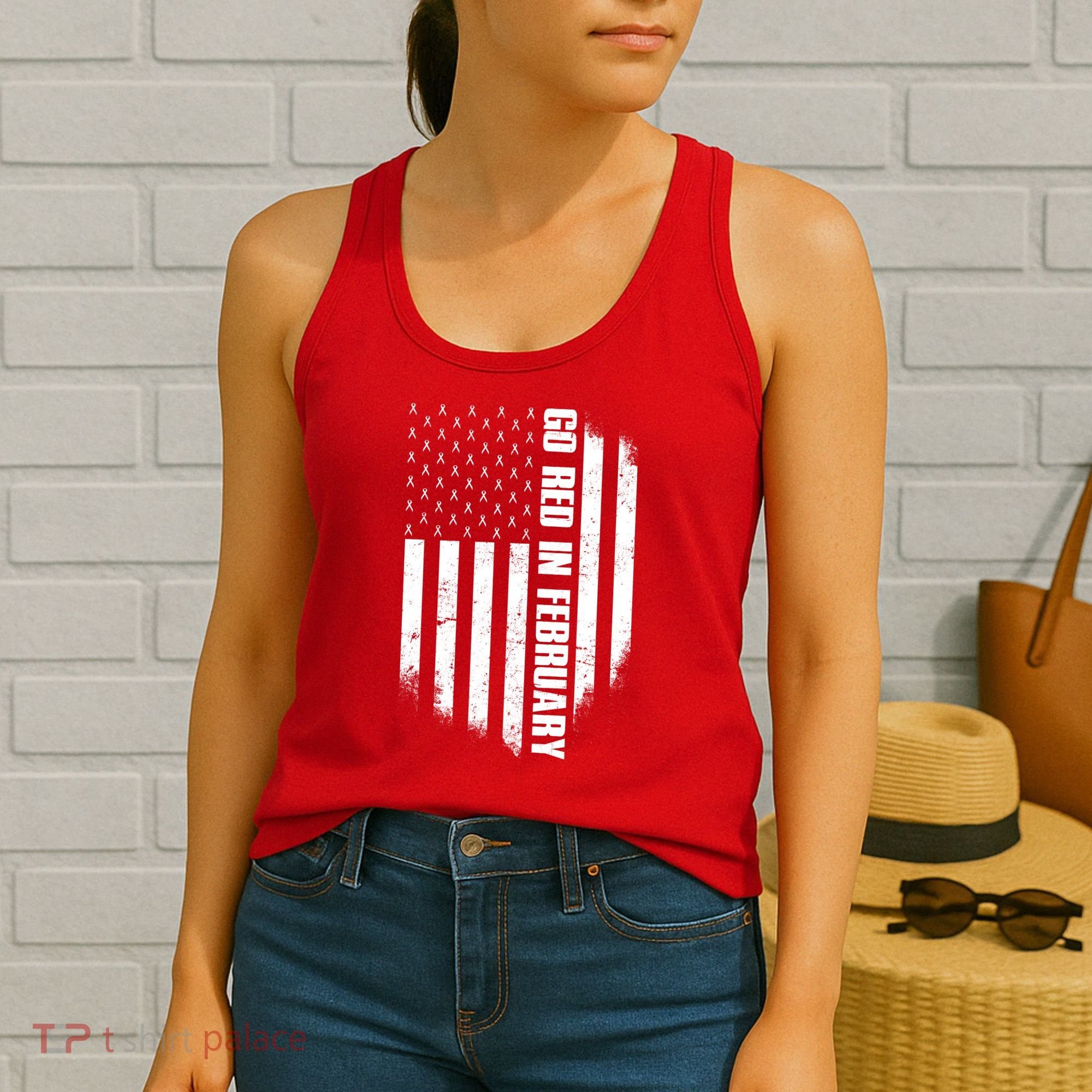 Go Red In February Heart Disease Awareness Flag Women's Tank Top