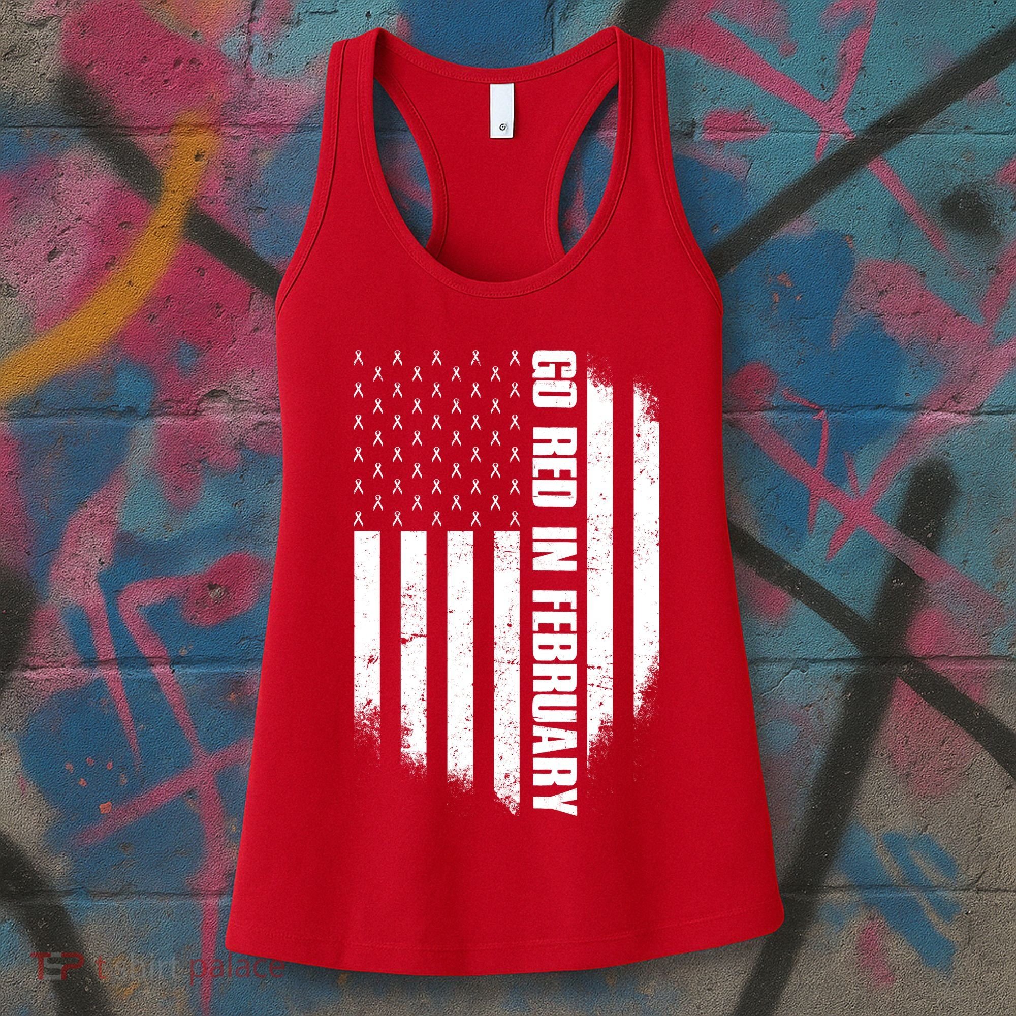 Go Red In February Heart Disease Awareness Flag Women's Tank Top