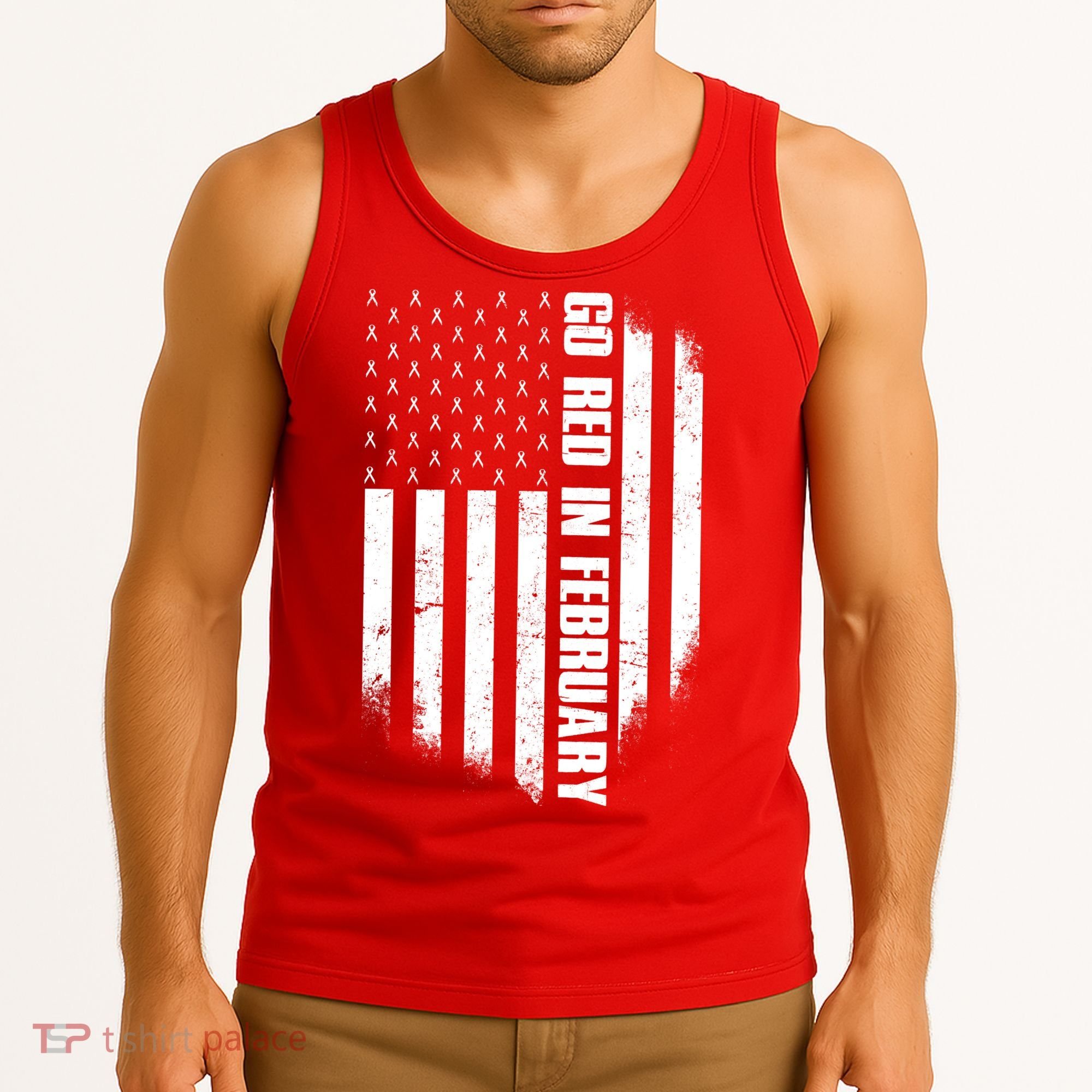 Go Red In February Heart Disease Awareness Flag Tank Top