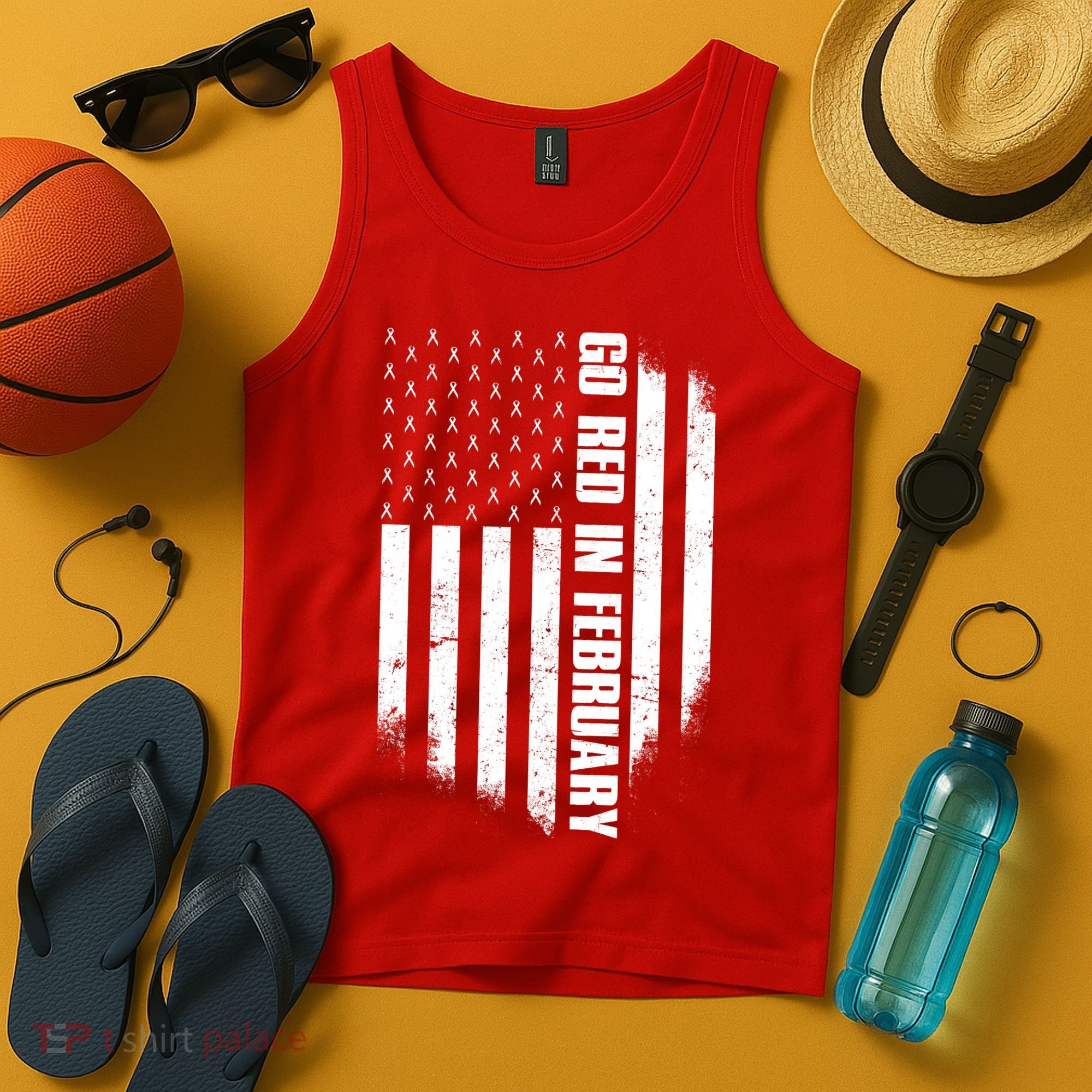 Go Red In February Heart Disease Awareness Flag Tank Top