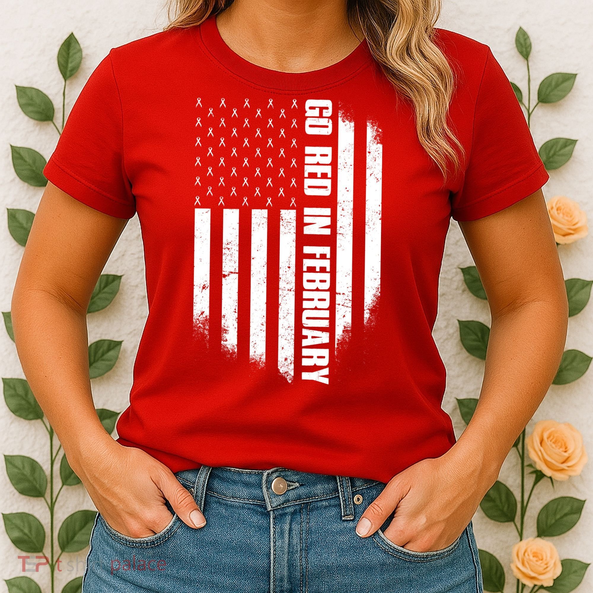 Go Red In February Heart Disease Awareness Flag Women's T-Shirt