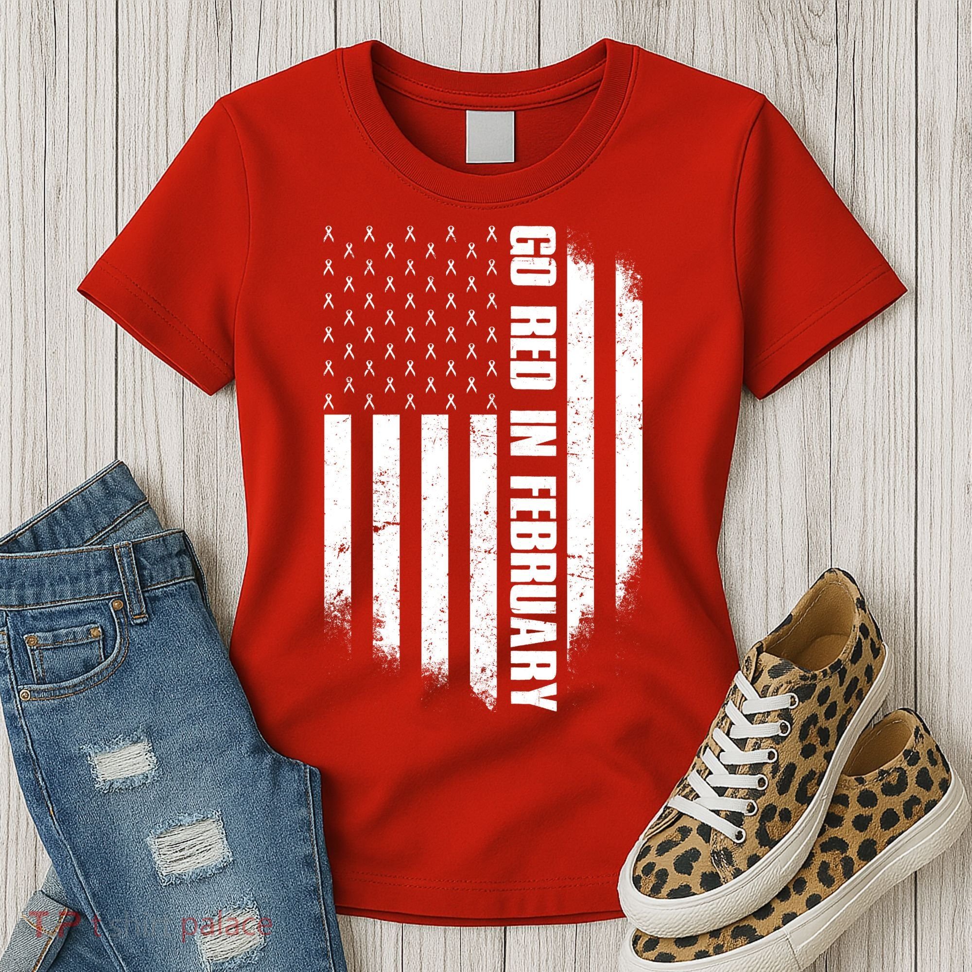 Go Red In February Heart Disease Awareness Flag Women's T-Shirt