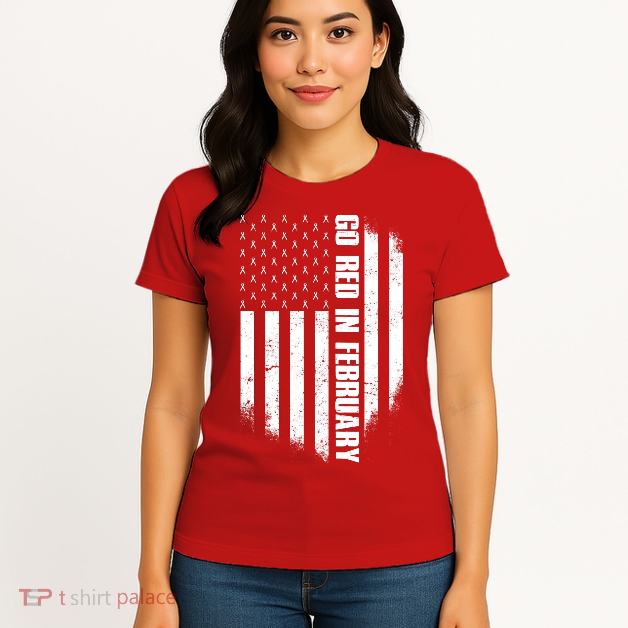 Go Red In February Heart Disease Awareness Flag Women's T-Shirt