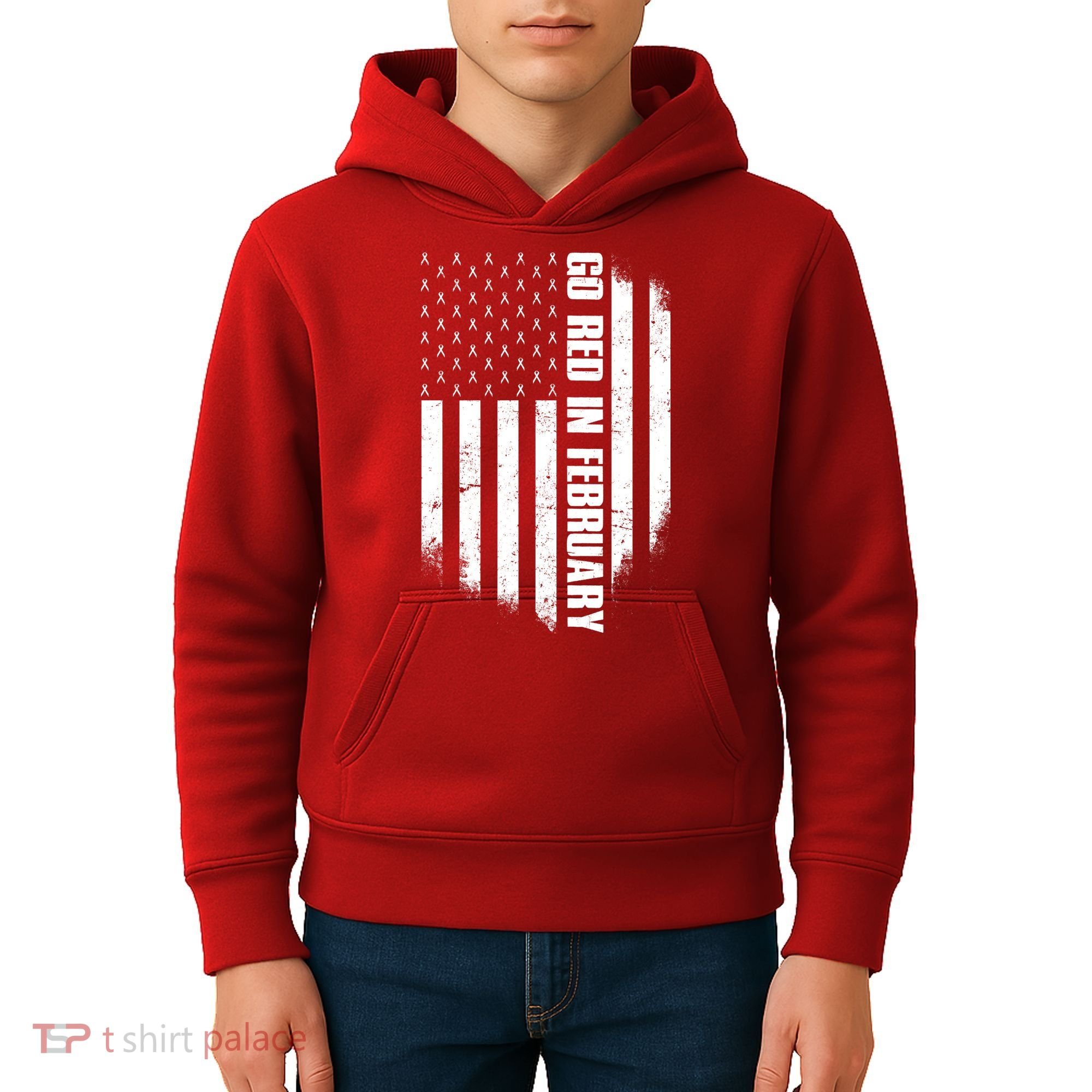 Go Red In February Heart Disease Awareness Flag Kids Hoodie