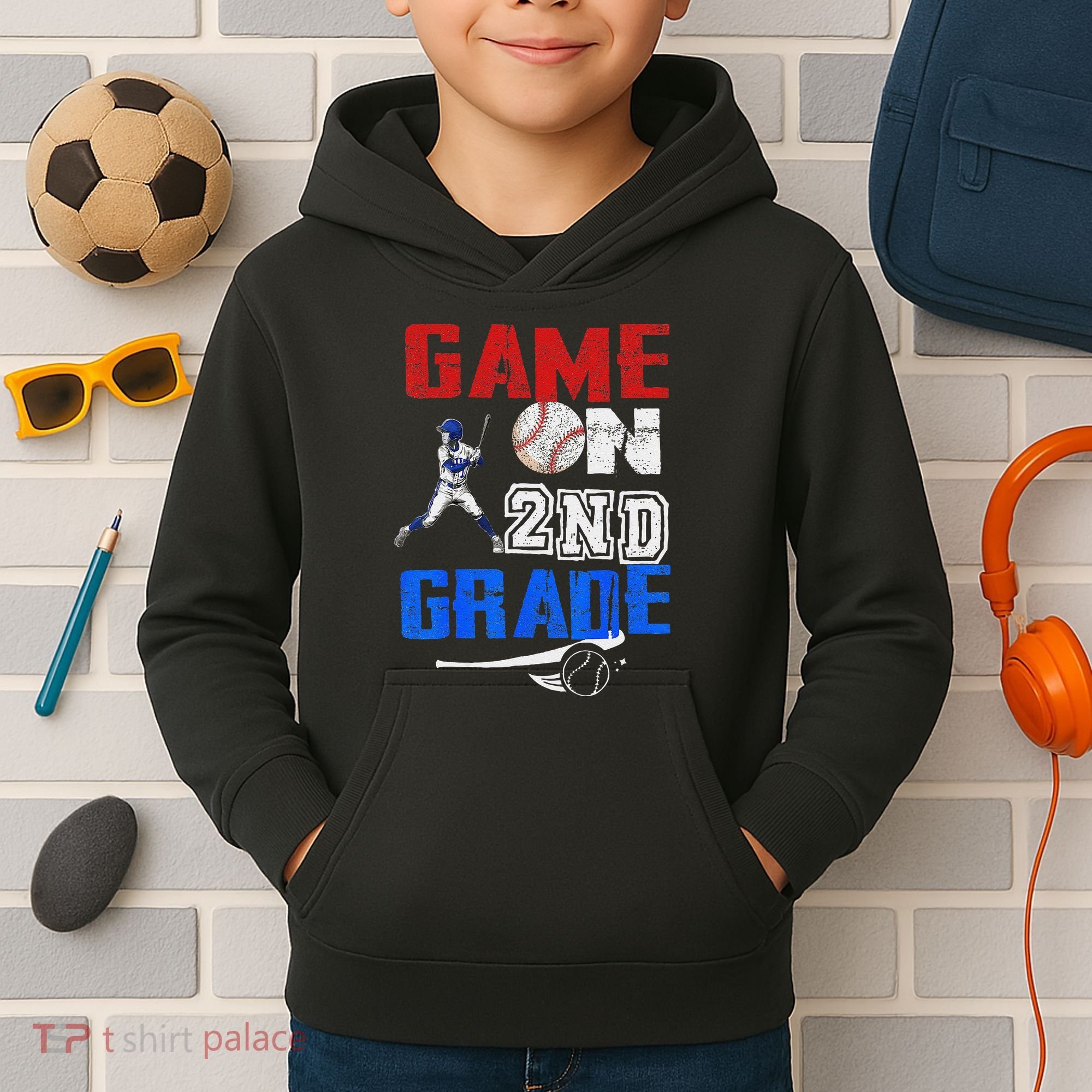Game On 2nd Grade With Baseball Player First Day Of School Kids Hoodie