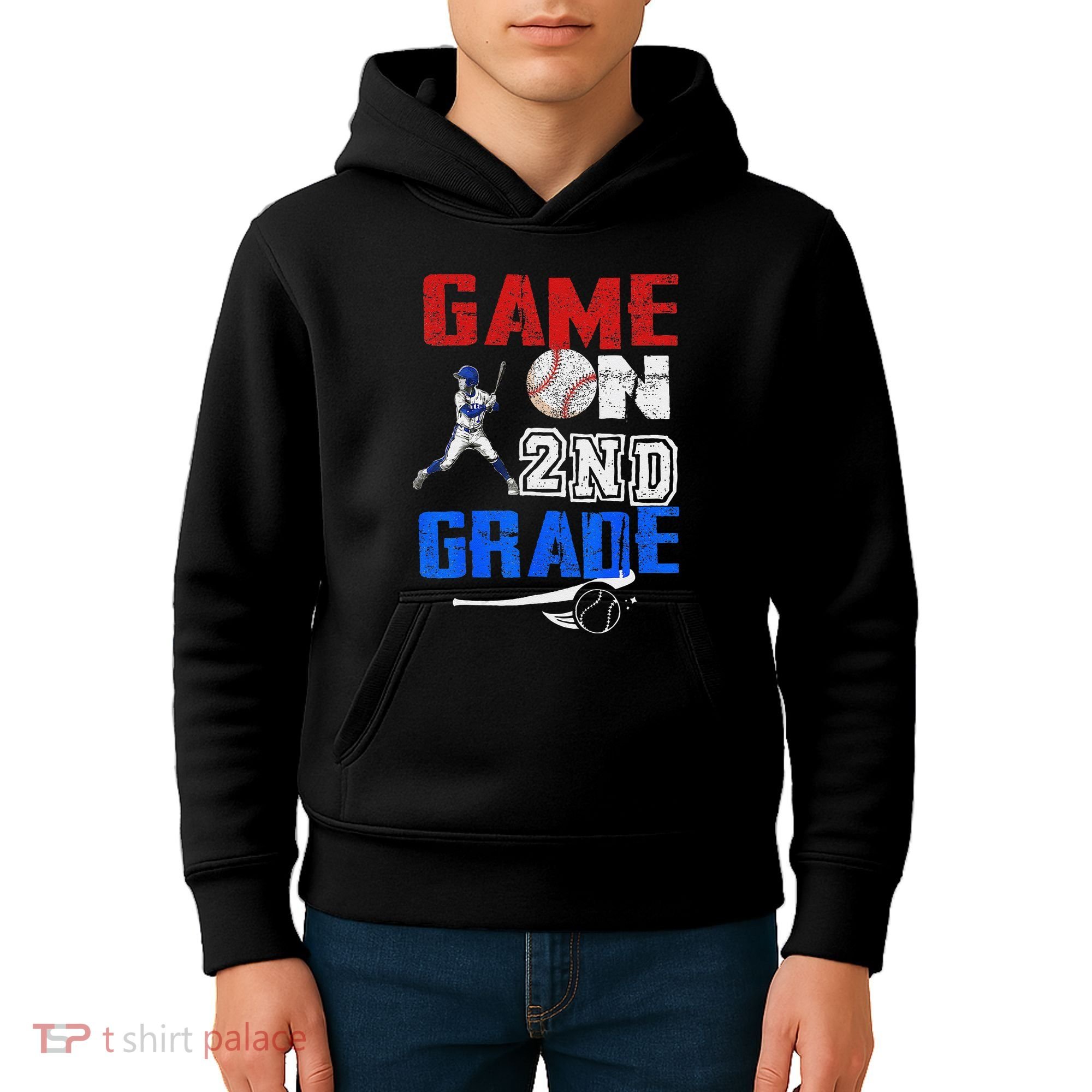 Game On 2nd Grade With Baseball Player First Day Of School Kids Hoodie