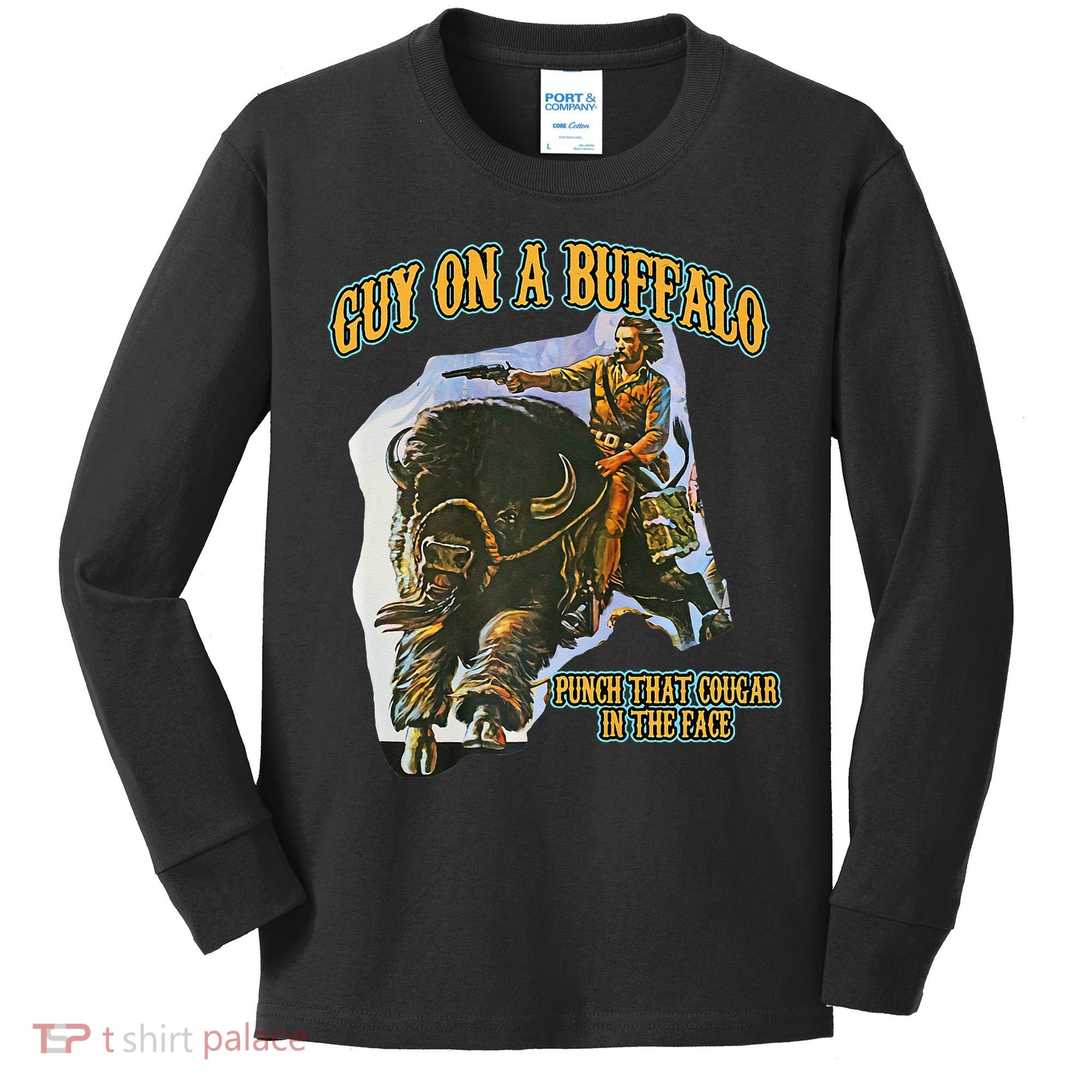 Guy On A Buffalo Punch That Cougar In The Face Kids Long Sleeve Shirt
