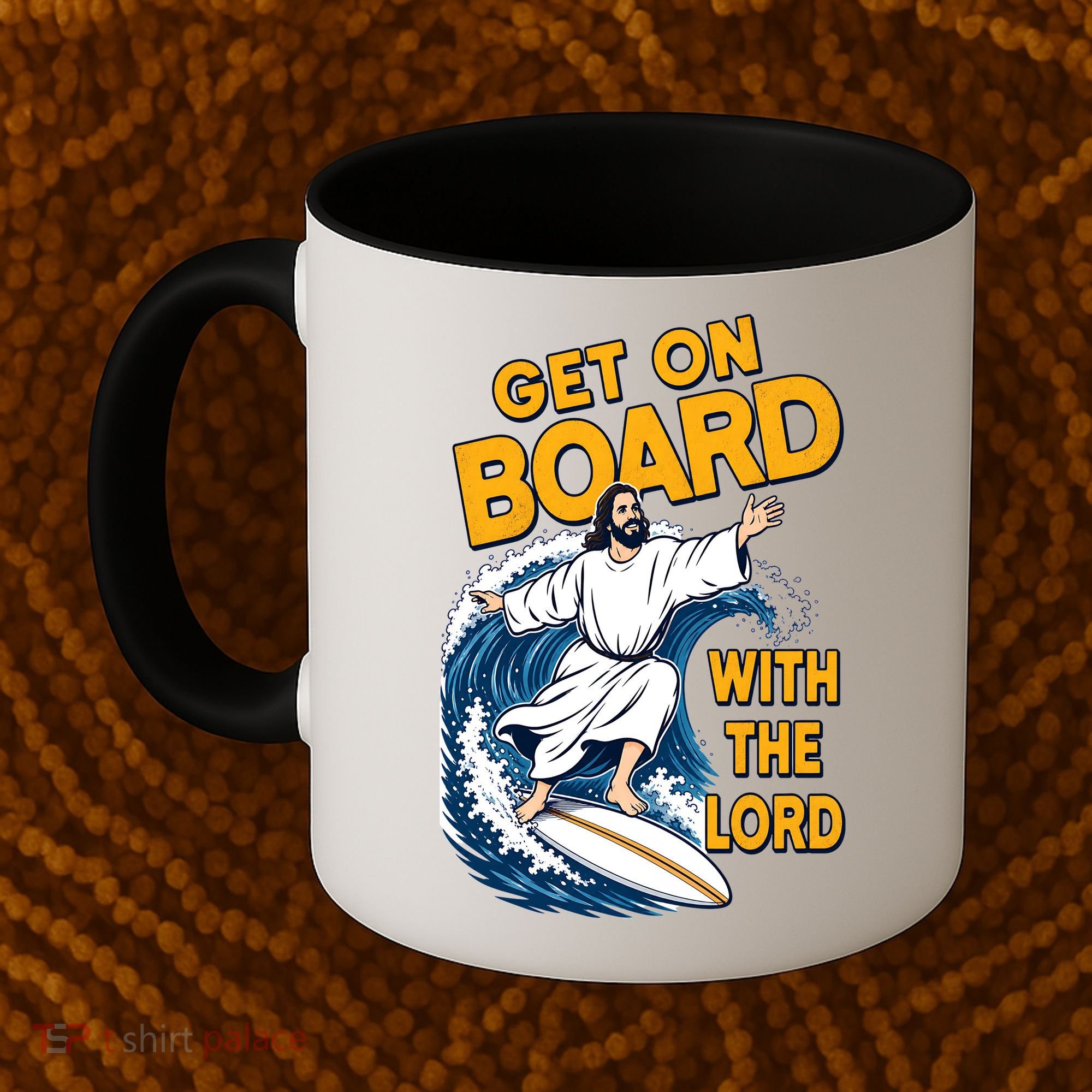 Get On Board With The Lord Surfing Coffee Mug