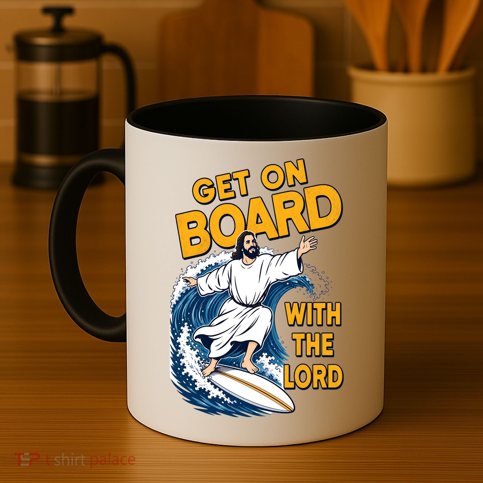 Get On Board With The Lord Surfing Coffee Mug