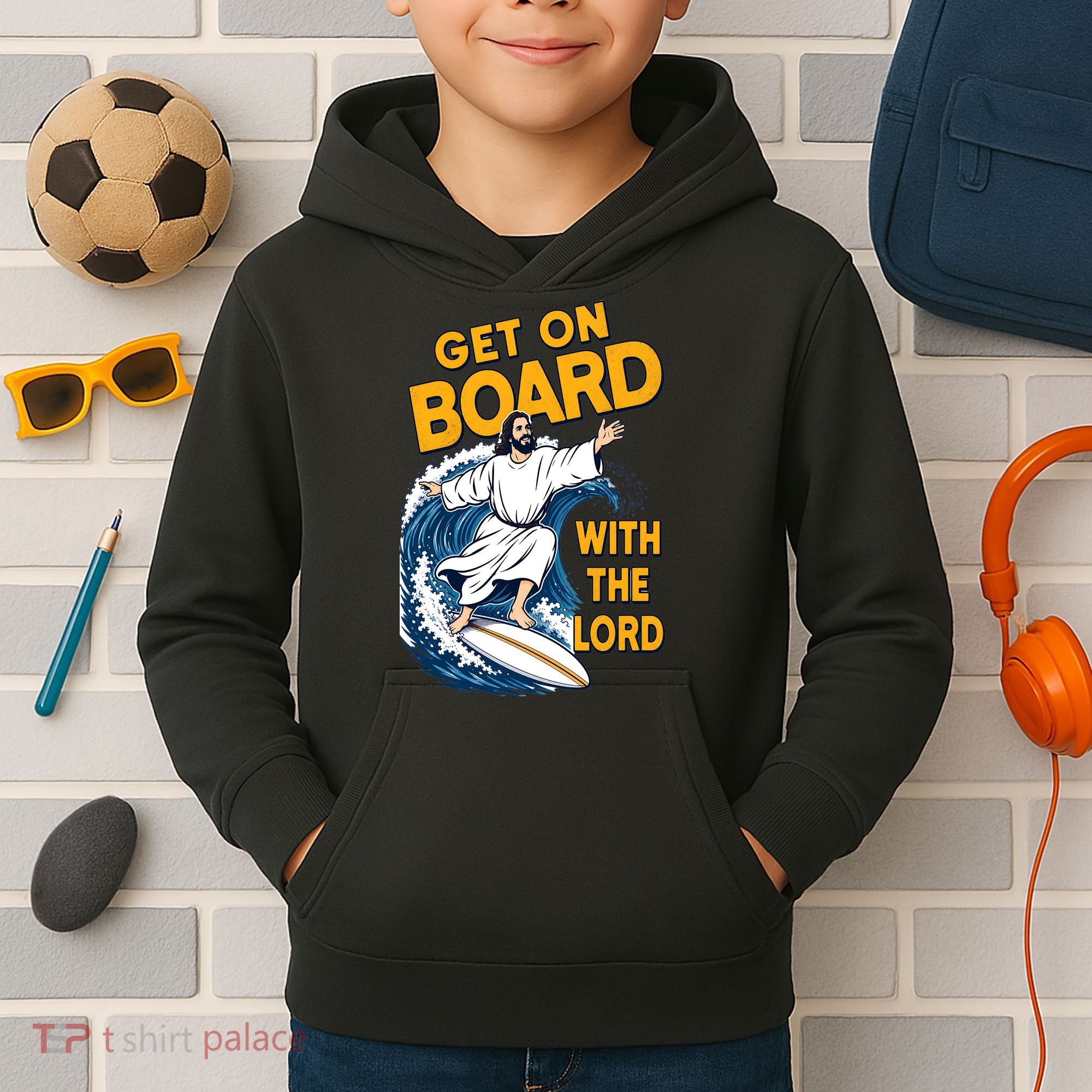 Get On Board With The Lord Surfing Kids Hoodie
