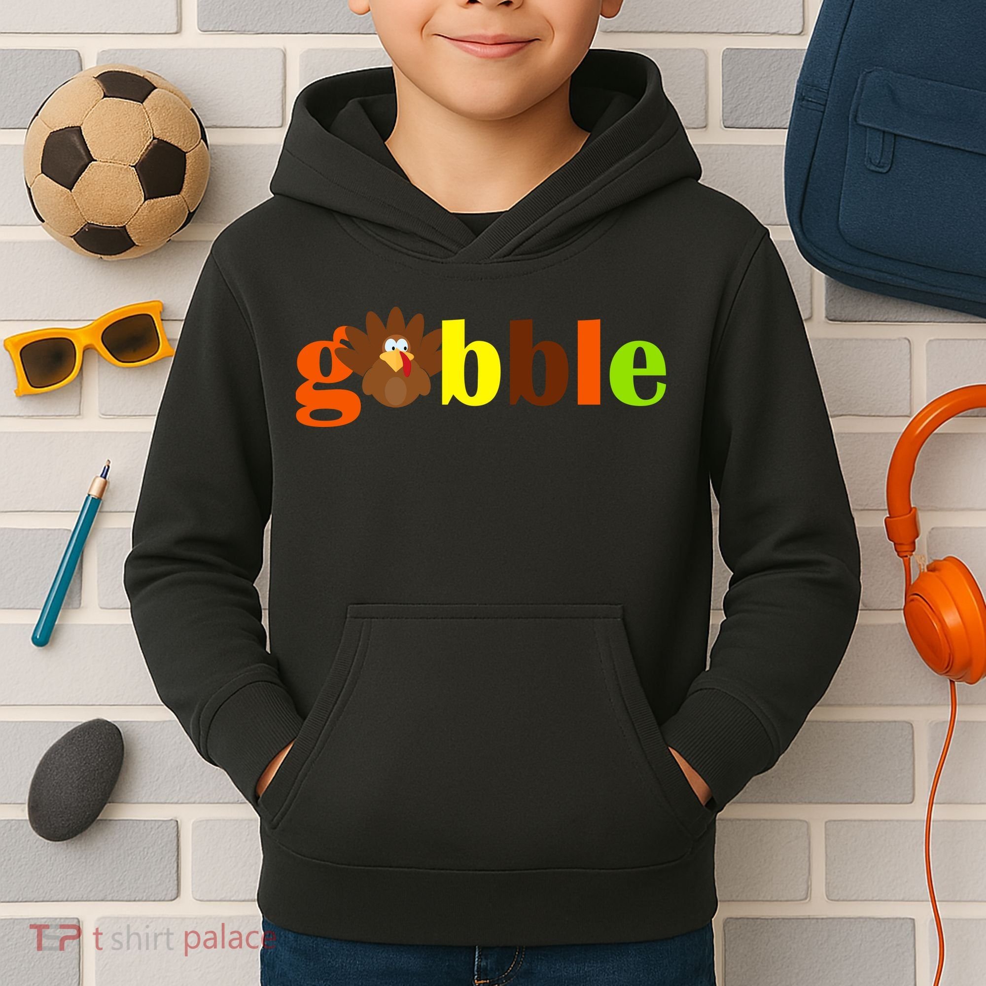 Gobble Cute Turkey Thanksgiving Kids Hoodie