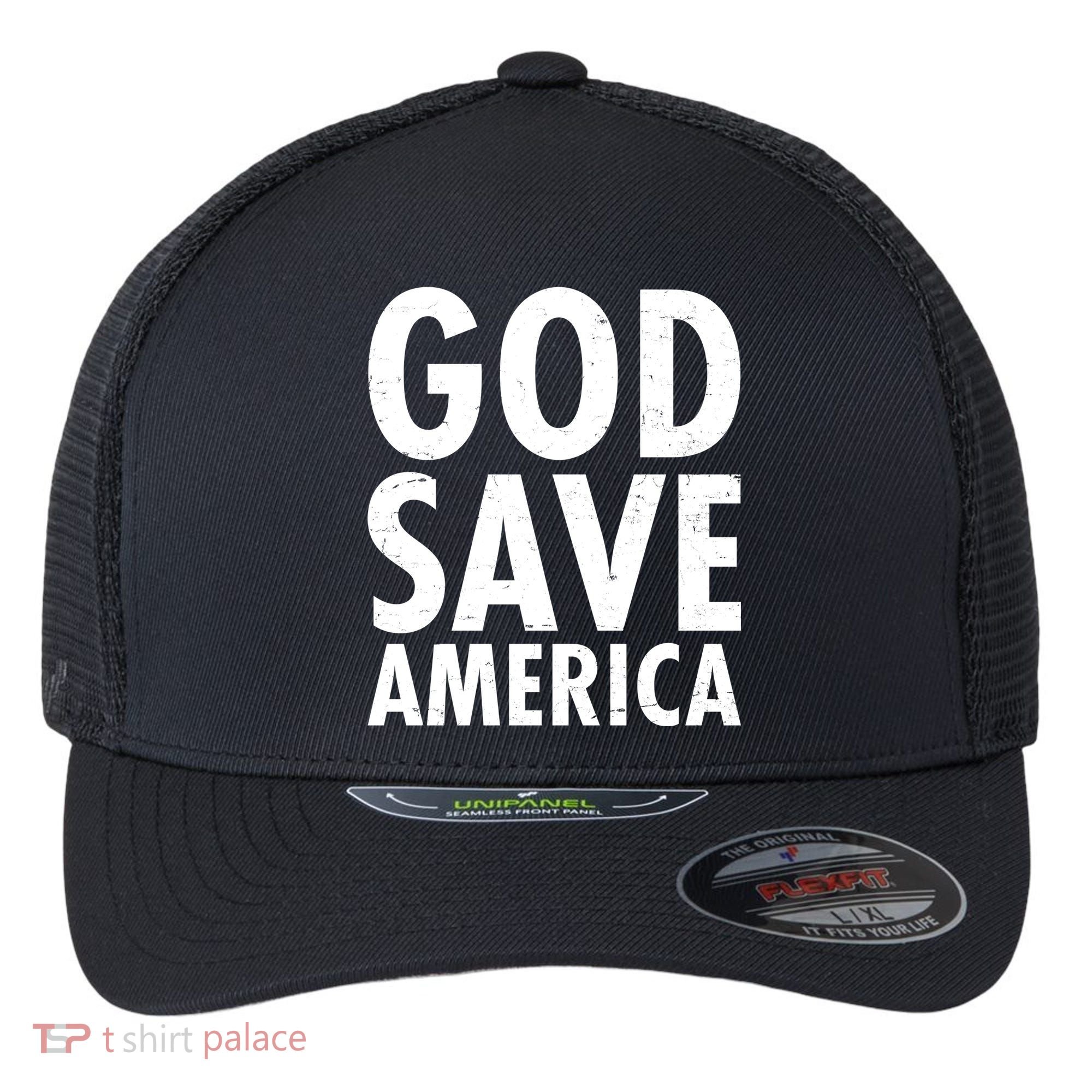 God Save America USA Religious Flexfit Unipanel Trucker Cap