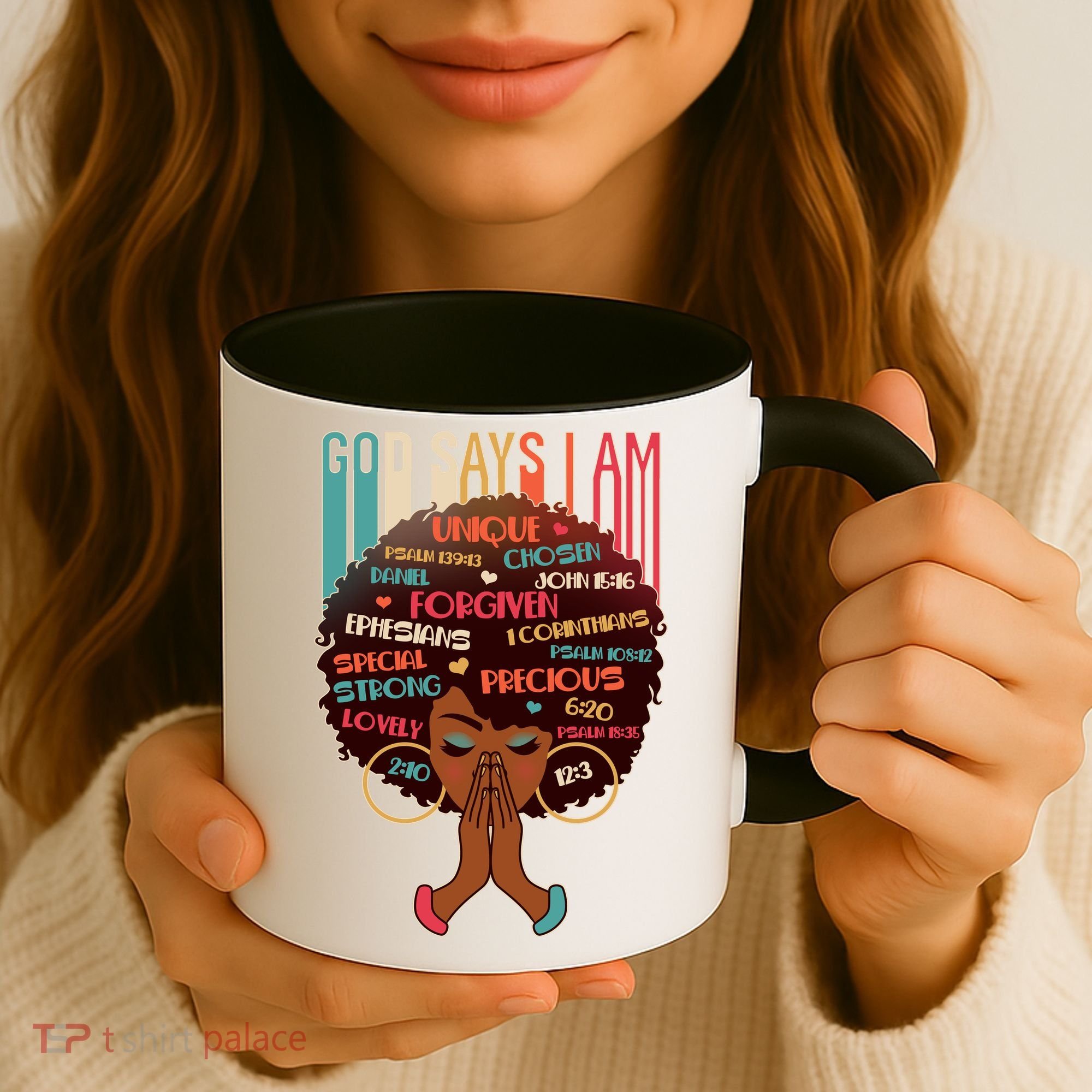God Says I Am Praying Black Woman Coffee Mug