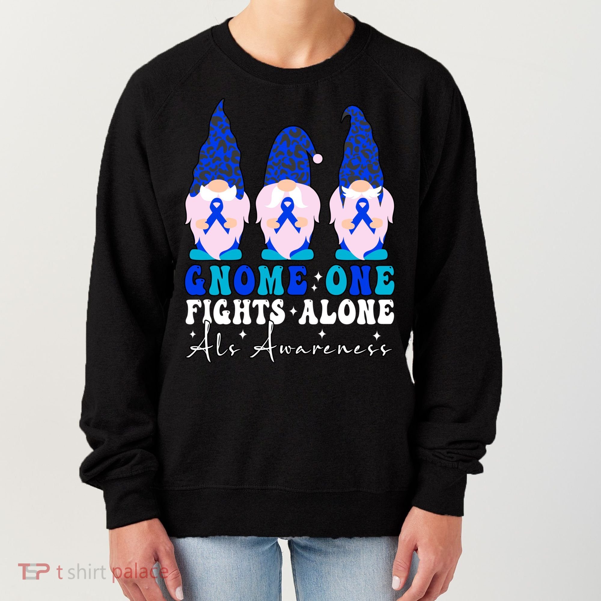 Gnome One Fights Alone Als Awareness Month Warrior Ribbon Gift Women's Sweatshirt
