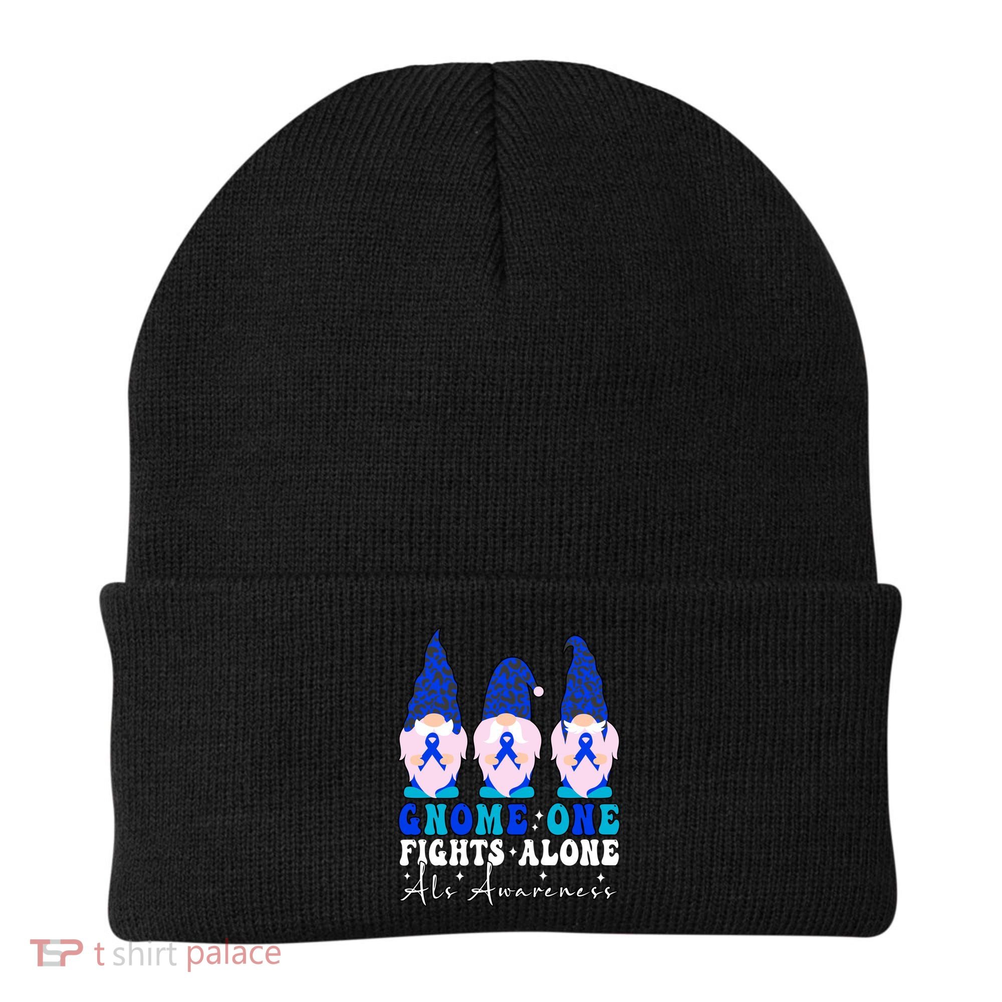 Gnome One Fights Alone Als Awareness Month Warrior Ribbon Gift Beanie