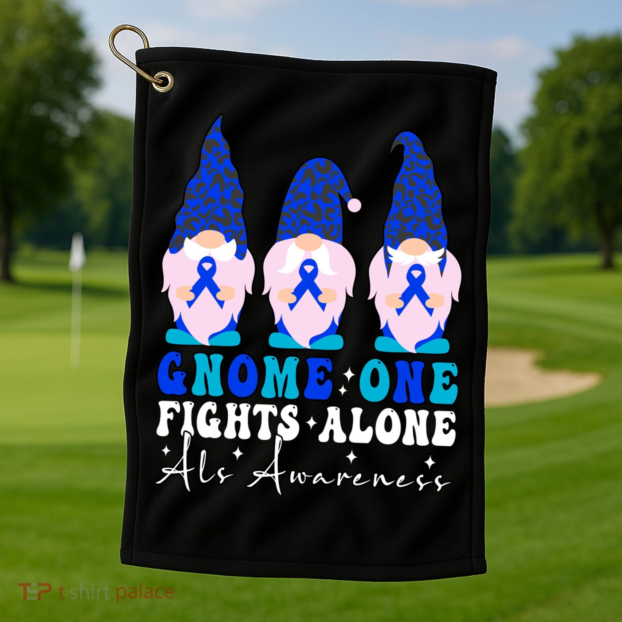 Gnome One Fights Alone Als Awareness Month Warrior Ribbon Gift Golf Towel