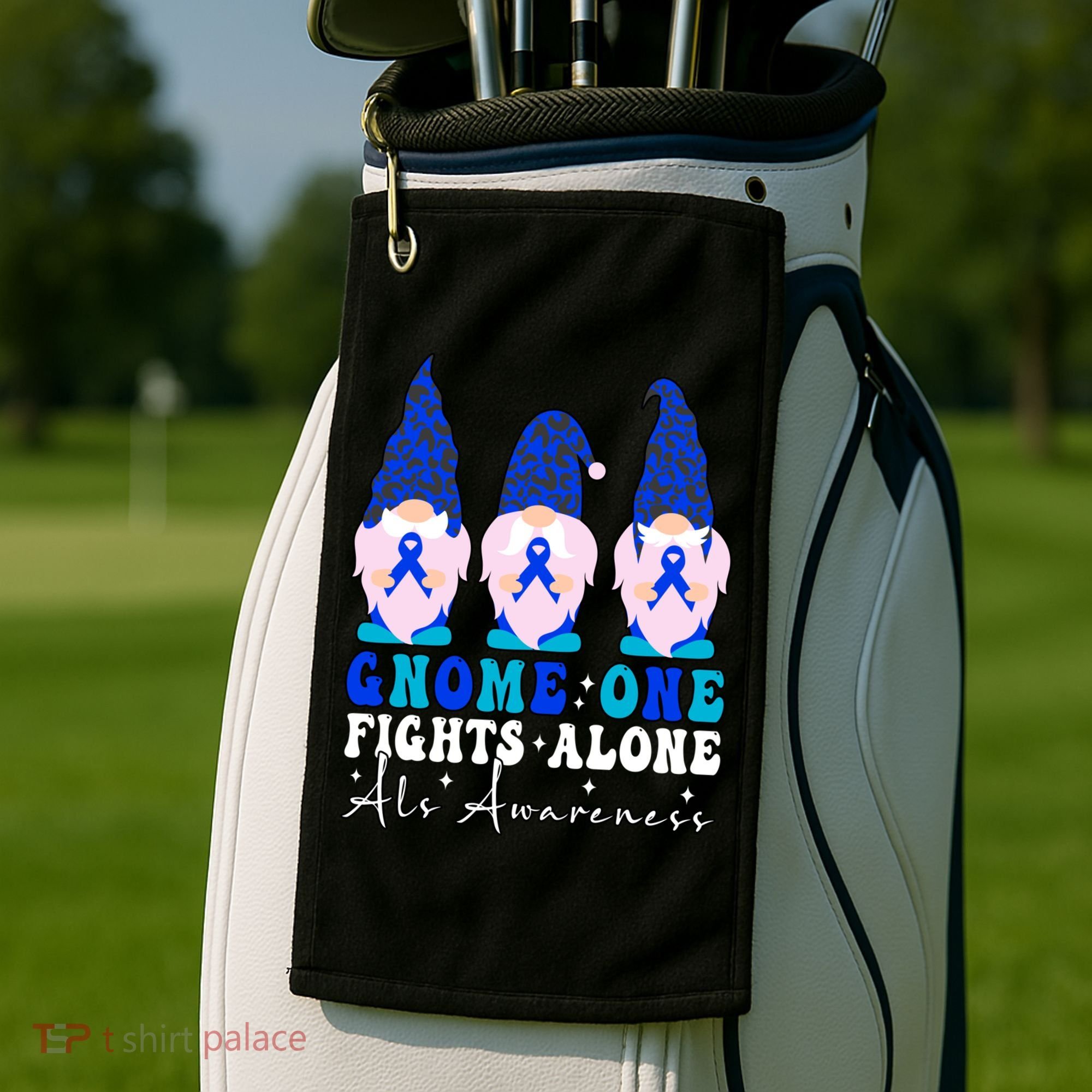 Gnome One Fights Alone Als Awareness Month Warrior Ribbon Gift Golf Towel