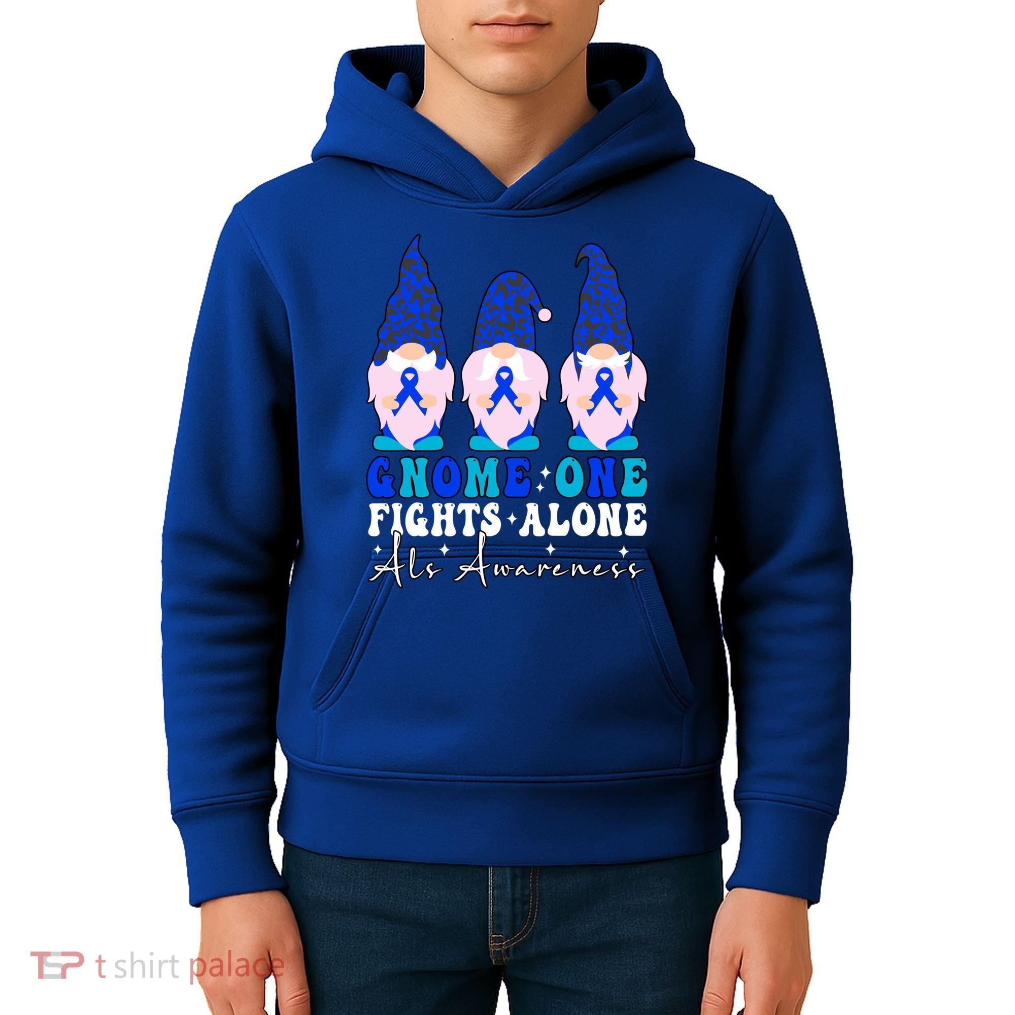 Gnome One Fights Alone Als Awareness Month Warrior Ribbon Gift Kids Hoodie