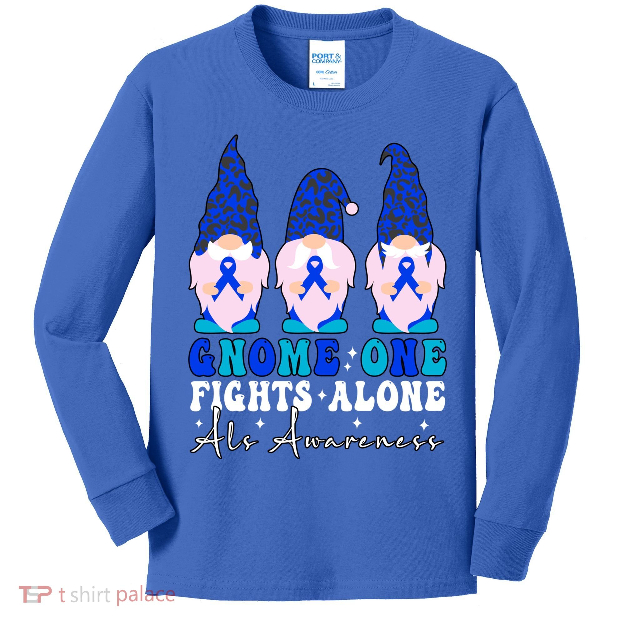 Gnome One Fights Alone Als Awareness Month Warrior Ribbon Gift Kids Long Sleeve Shirt