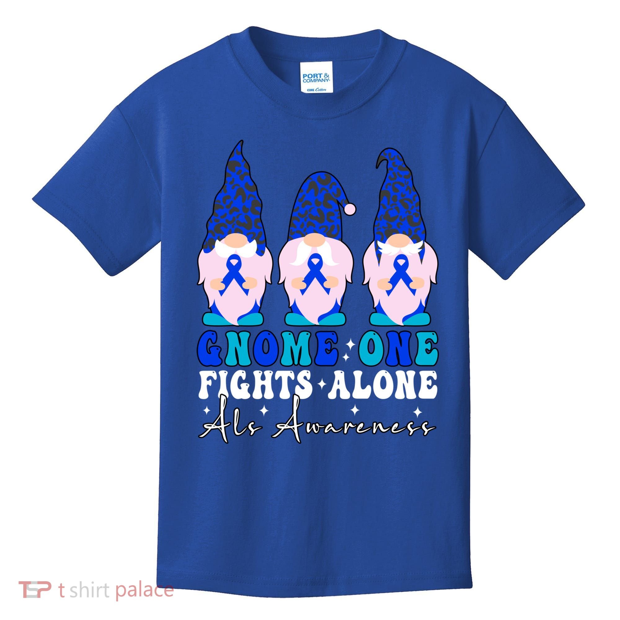 Gnome One Fights Alone Als Awareness Month Warrior Ribbon Gift Kids T-Shirt