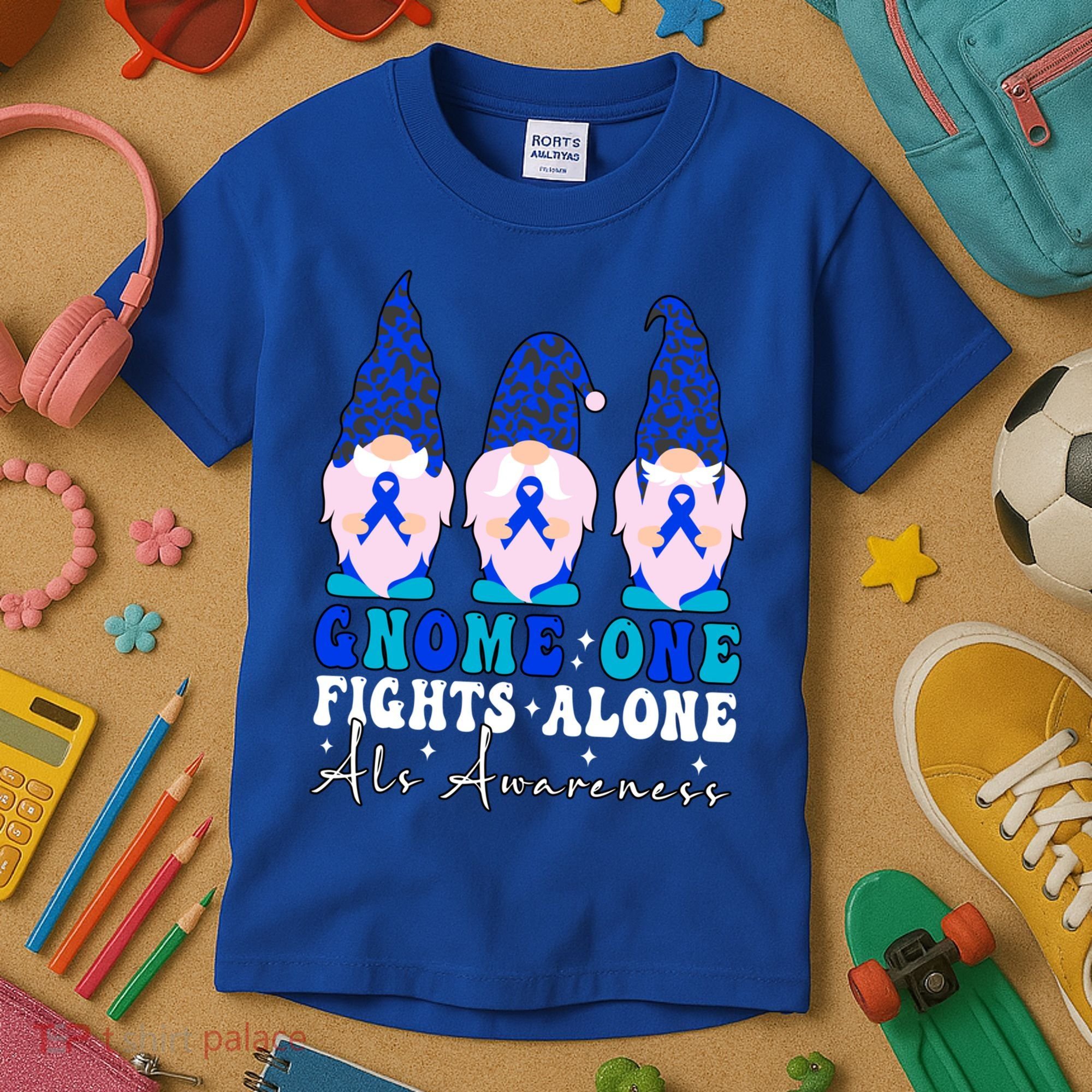 Gnome One Fights Alone Als Awareness Month Warrior Ribbon Gift Kids T-Shirt