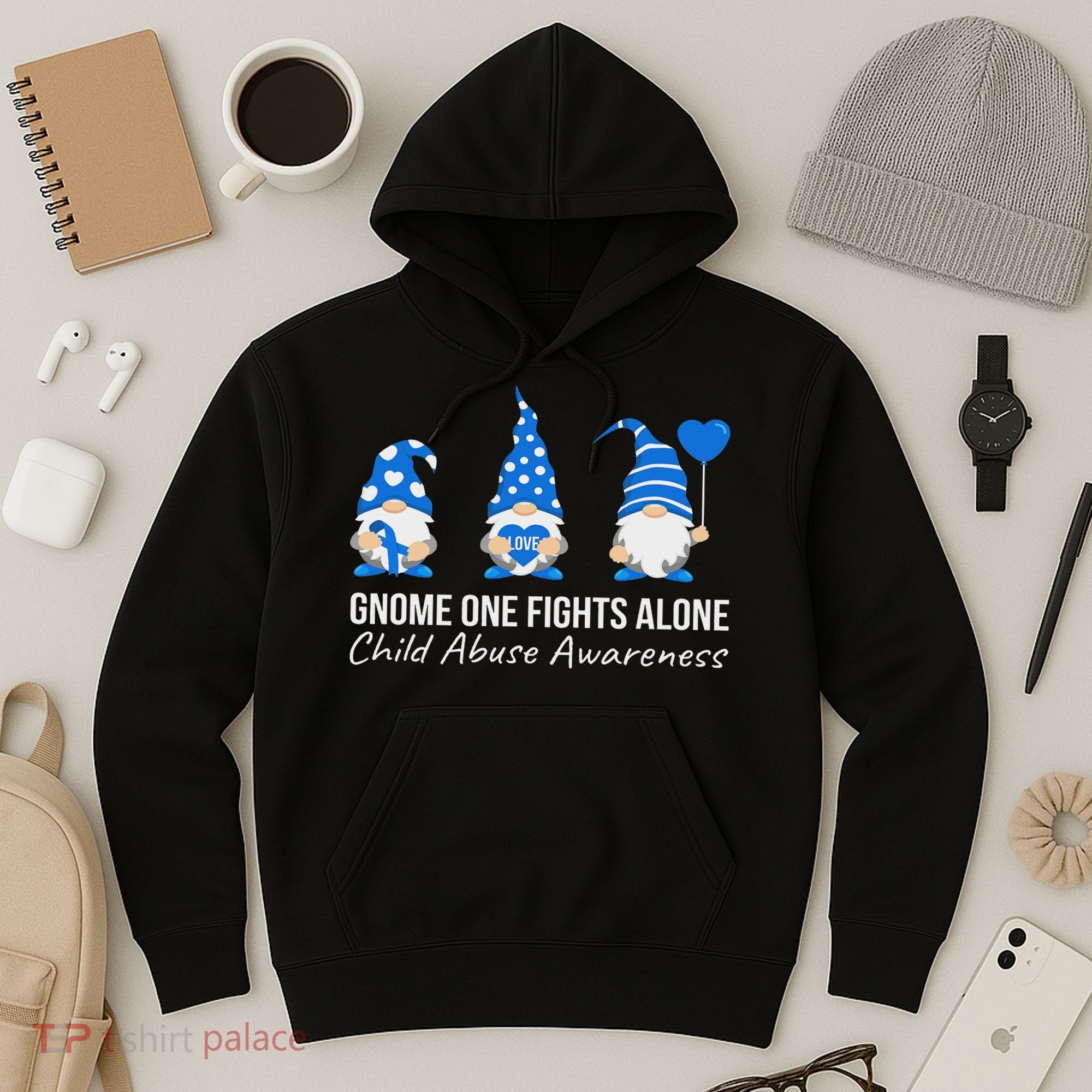 Gnome One Fights Alone Child Abuse Awareness Blue Ribbon Hoodie