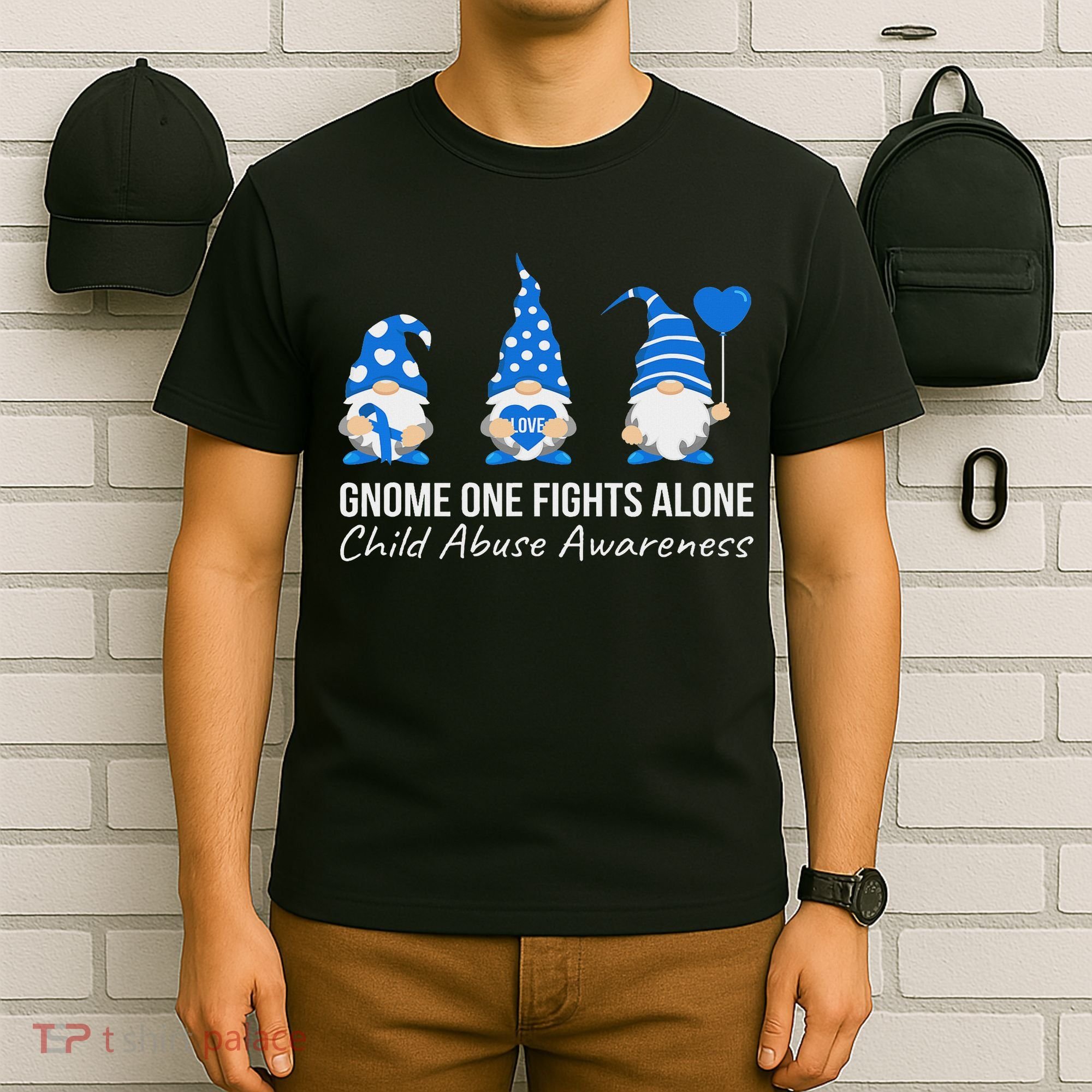 Gnome One Fights Alone Child Abuse Awareness Blue Ribbon T-Shirt