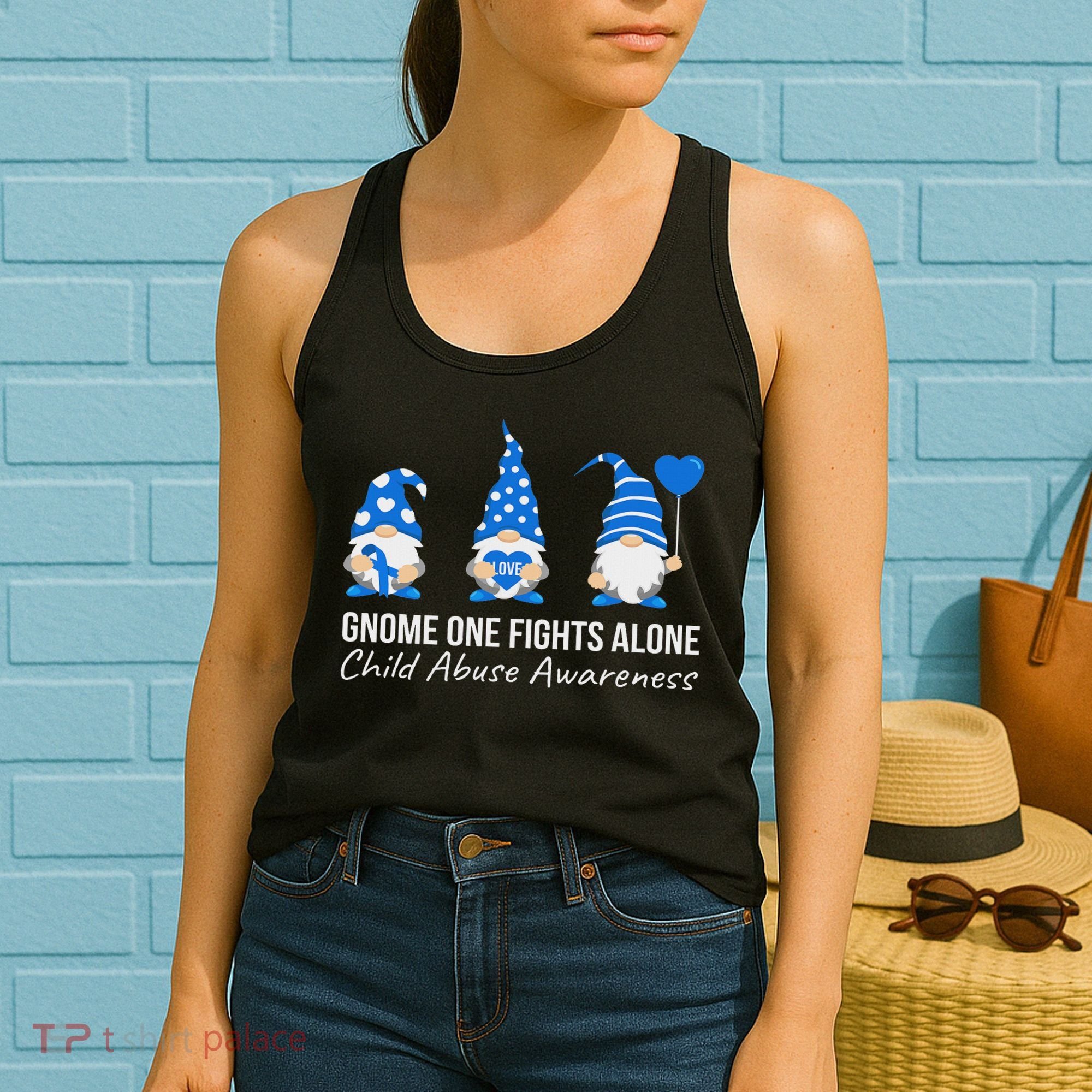 Gnome One Fights Alone Child Abuse Awareness Blue Ribbon Women's Tank Top