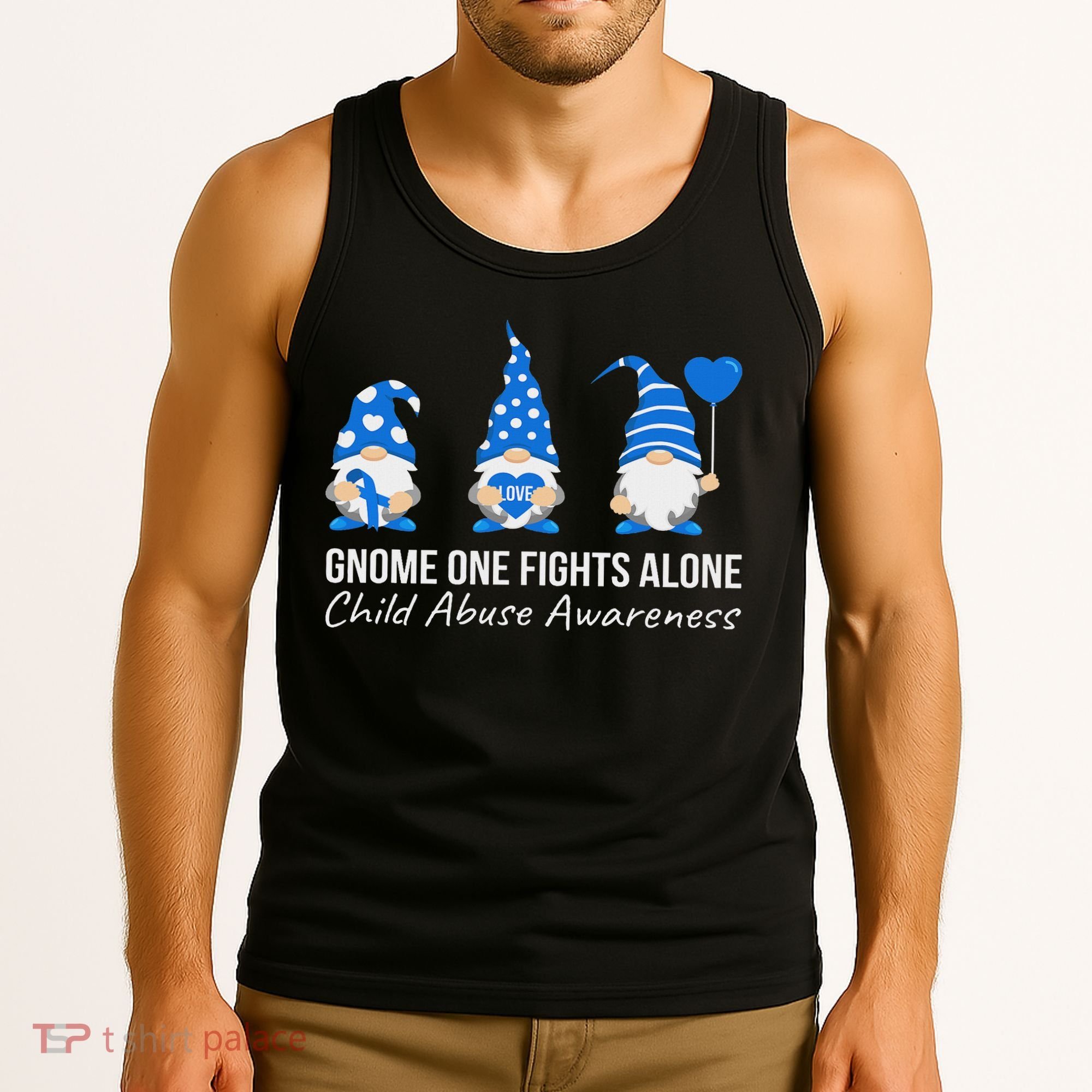 Gnome One Fights Alone Child Abuse Awareness Blue Ribbon Tank Top