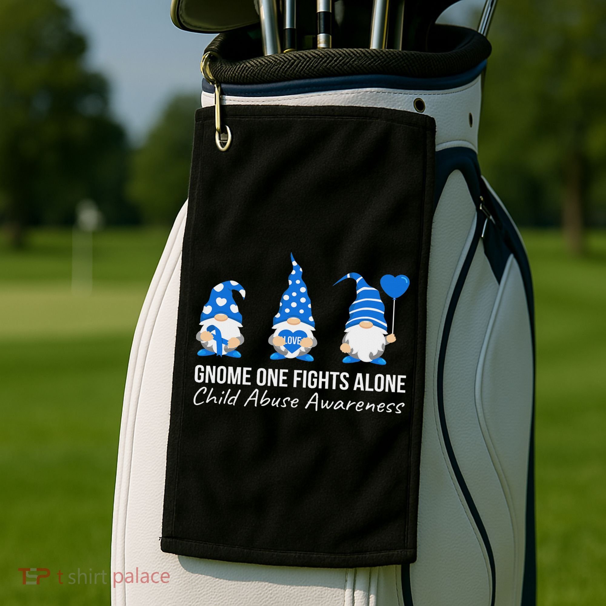 Gnome One Fights Alone Child Abuse Awareness Blue Ribbon Golf Towel