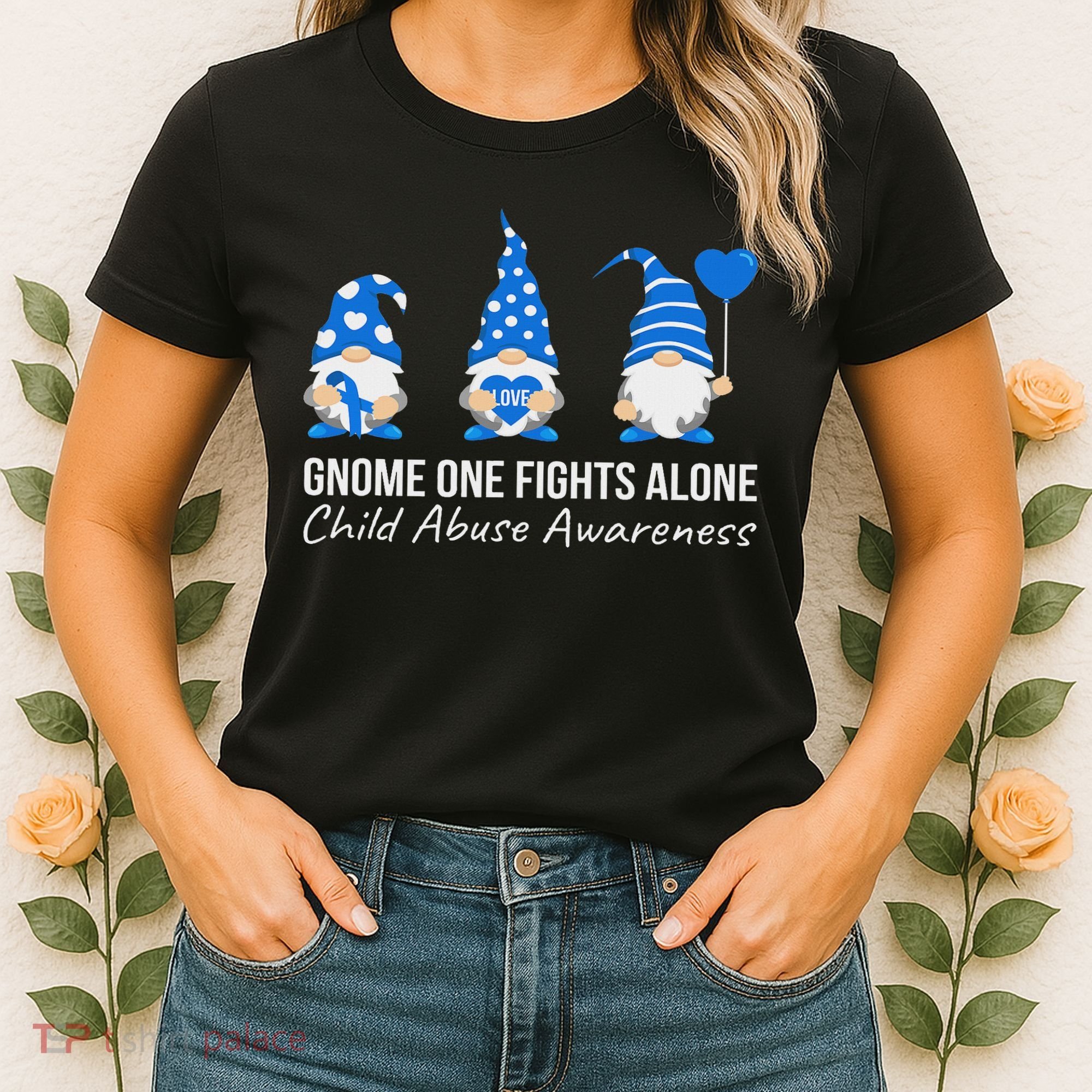 Gnome One Fights Alone Child Abuse Awareness Blue Ribbon Women's T-Shirt