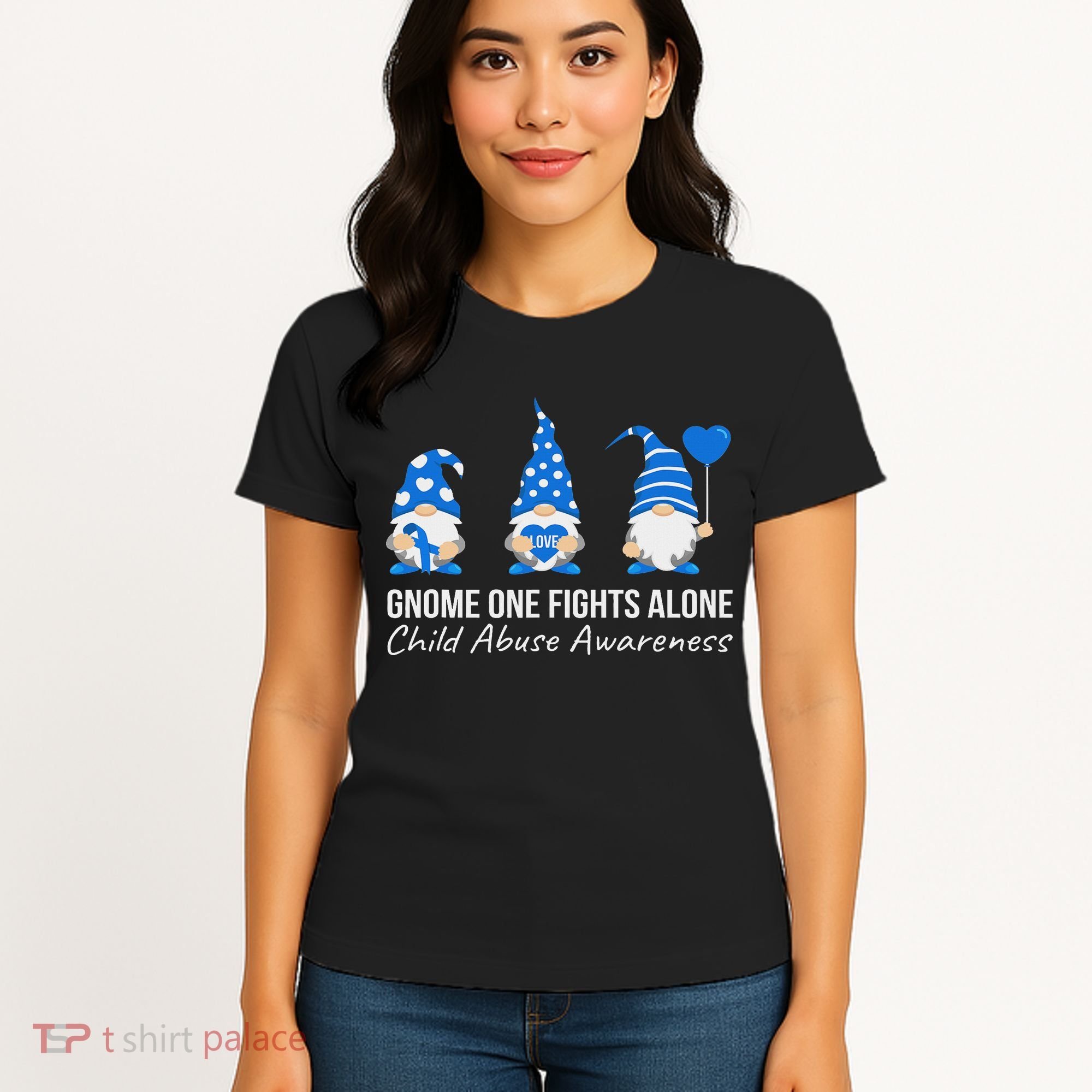 Gnome One Fights Alone Child Abuse Awareness Blue Ribbon Women's T-Shirt